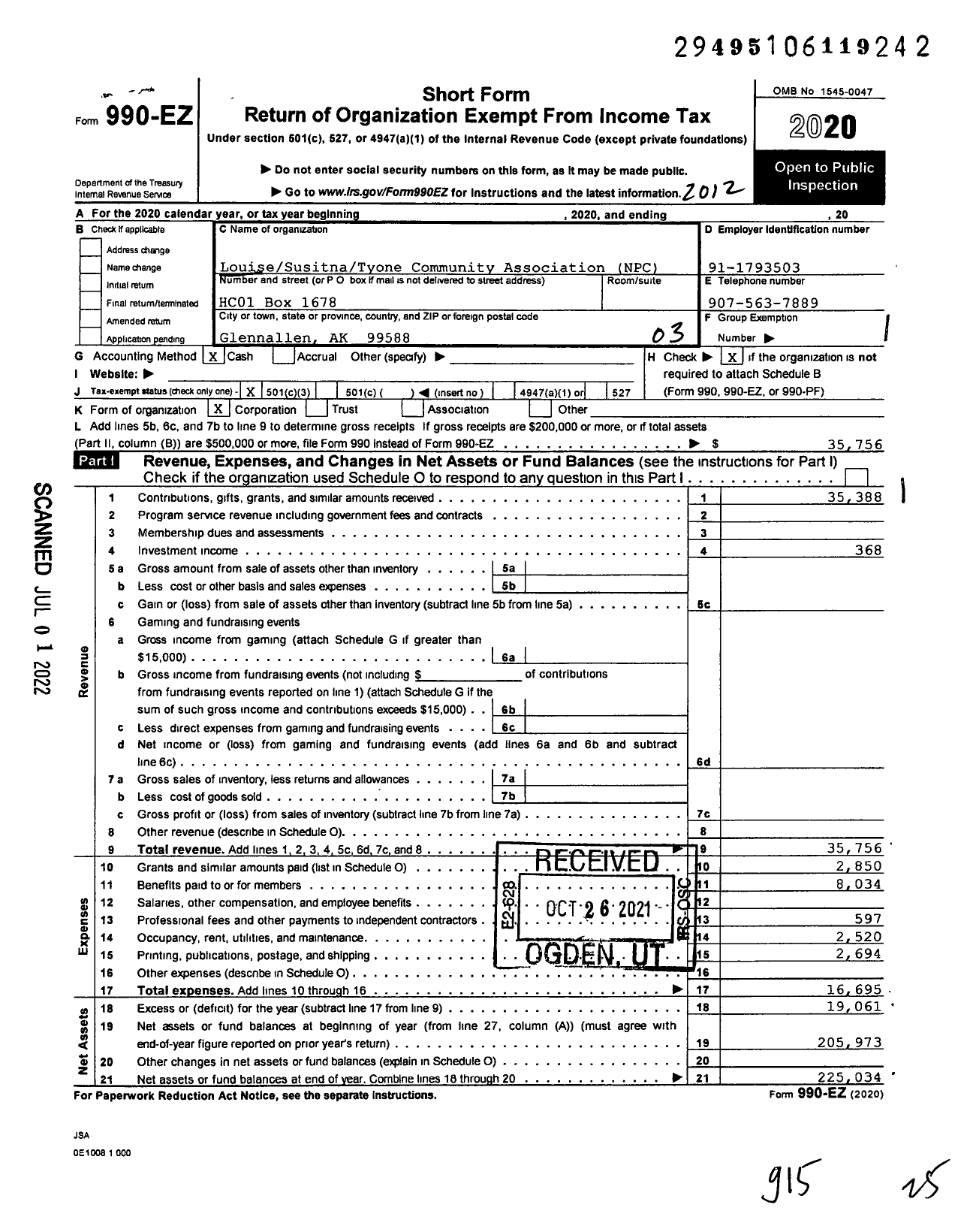 Image of first page of 2020 Form 990EZ for Louise Susitna Tyone Community Association NPC