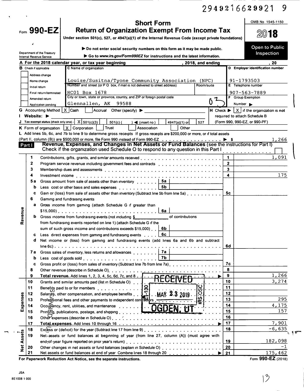 Image of first page of 2018 Form 990EZ for Louise Susitna Tyone Community Association NPC