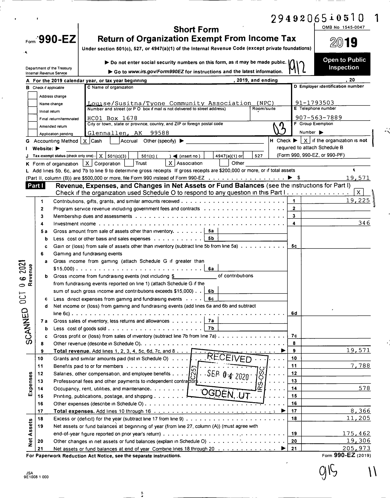 Image of first page of 2019 Form 990EZ for Louise Susitna Tyone Community Association NPC