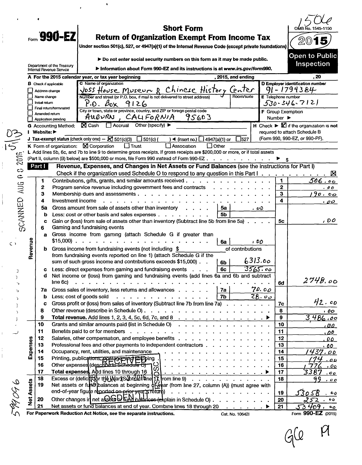 Image of first page of 2014 Form 990EZ for Joss House Museum and Chinese History Center