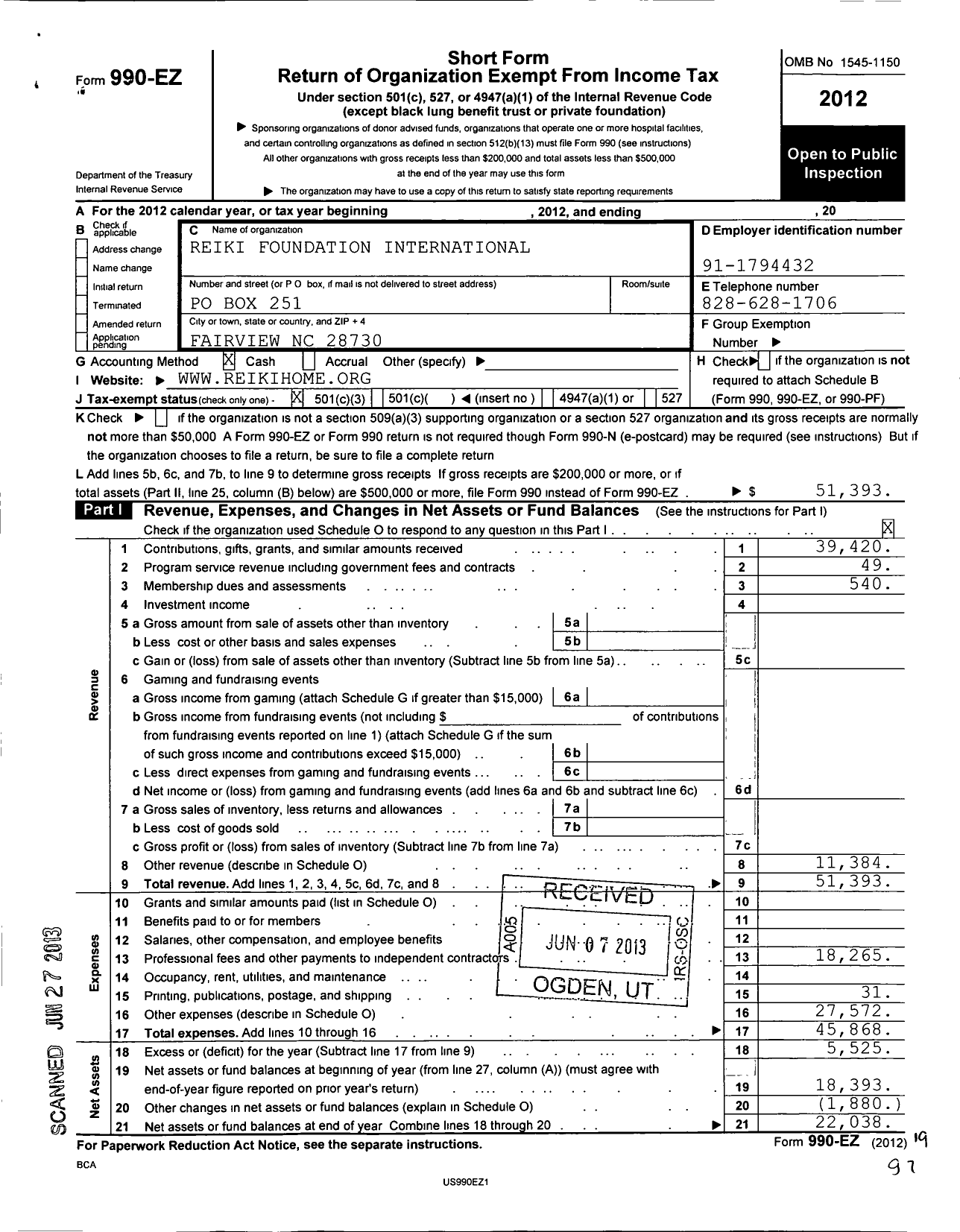 Image of first page of 2012 Form 990EZ for Reiki Foundation International