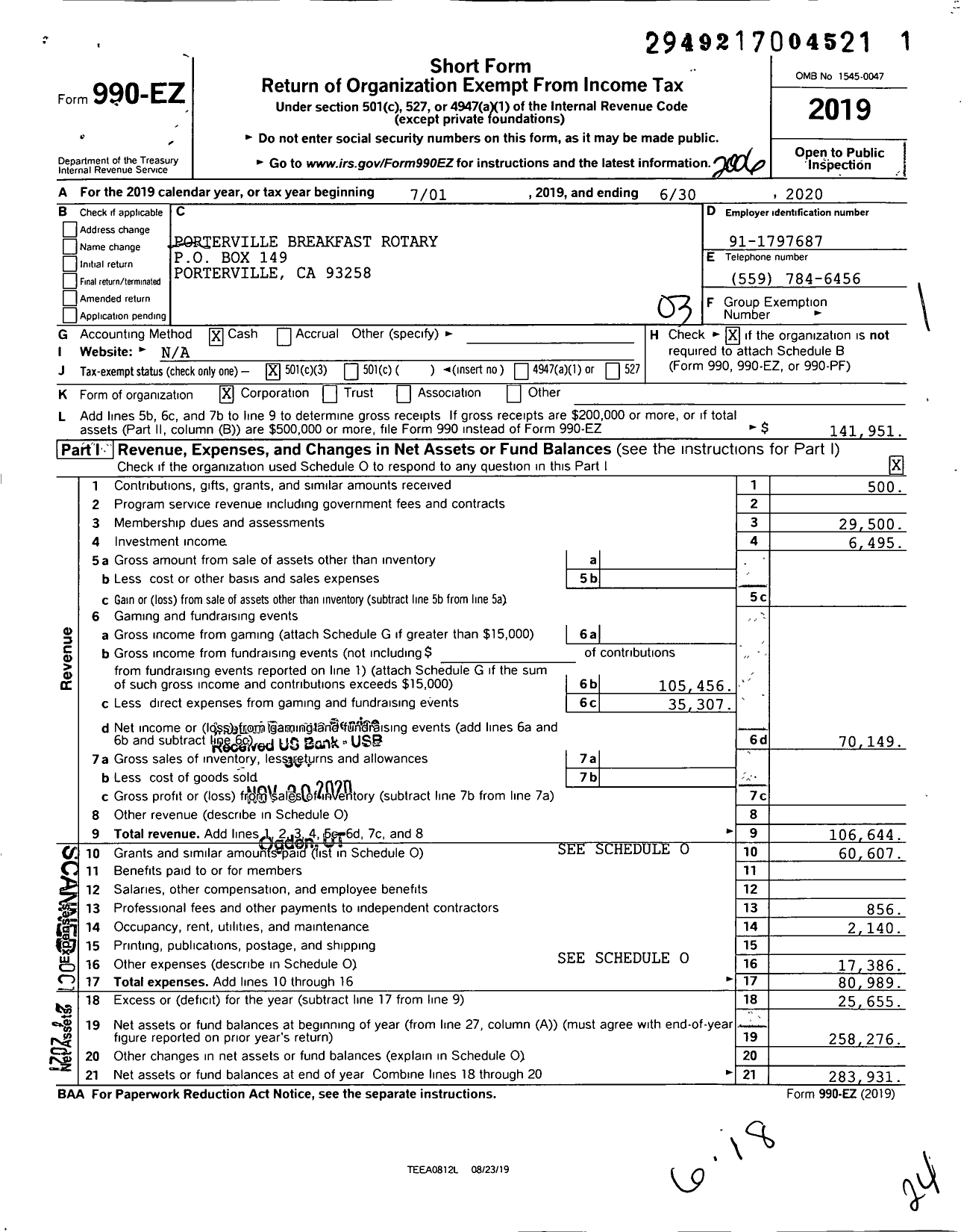 Image of first page of 2019 Form 990EZ for Rotary International- Porterville Breakfast Rotary