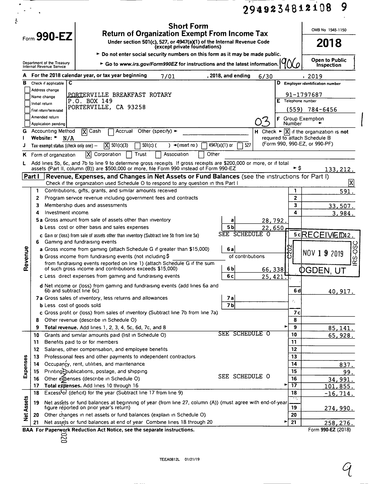 Image of first page of 2018 Form 990EZ for Rotary International- Porterville Breakfast Rotary