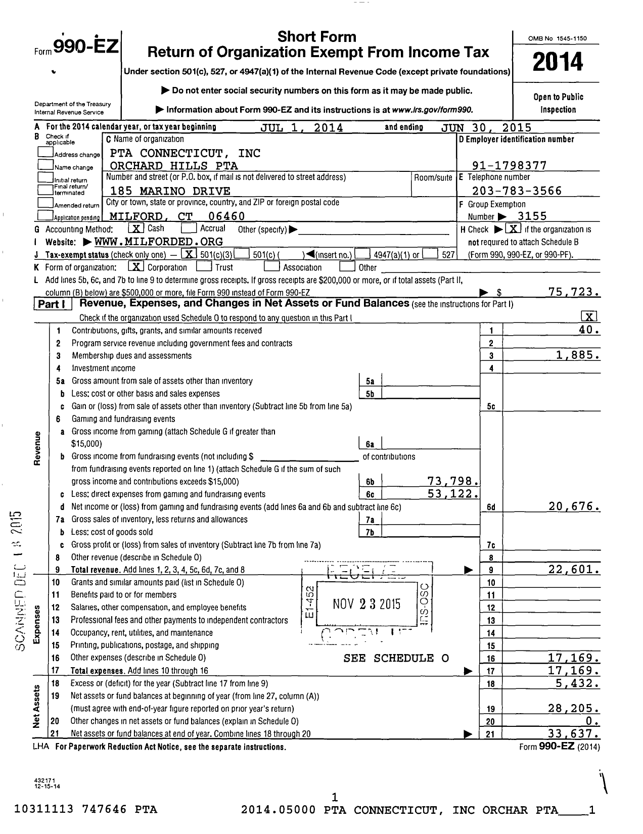 Image of first page of 2014 Form 990EZ for CT PTA - Orchard Hills PTA