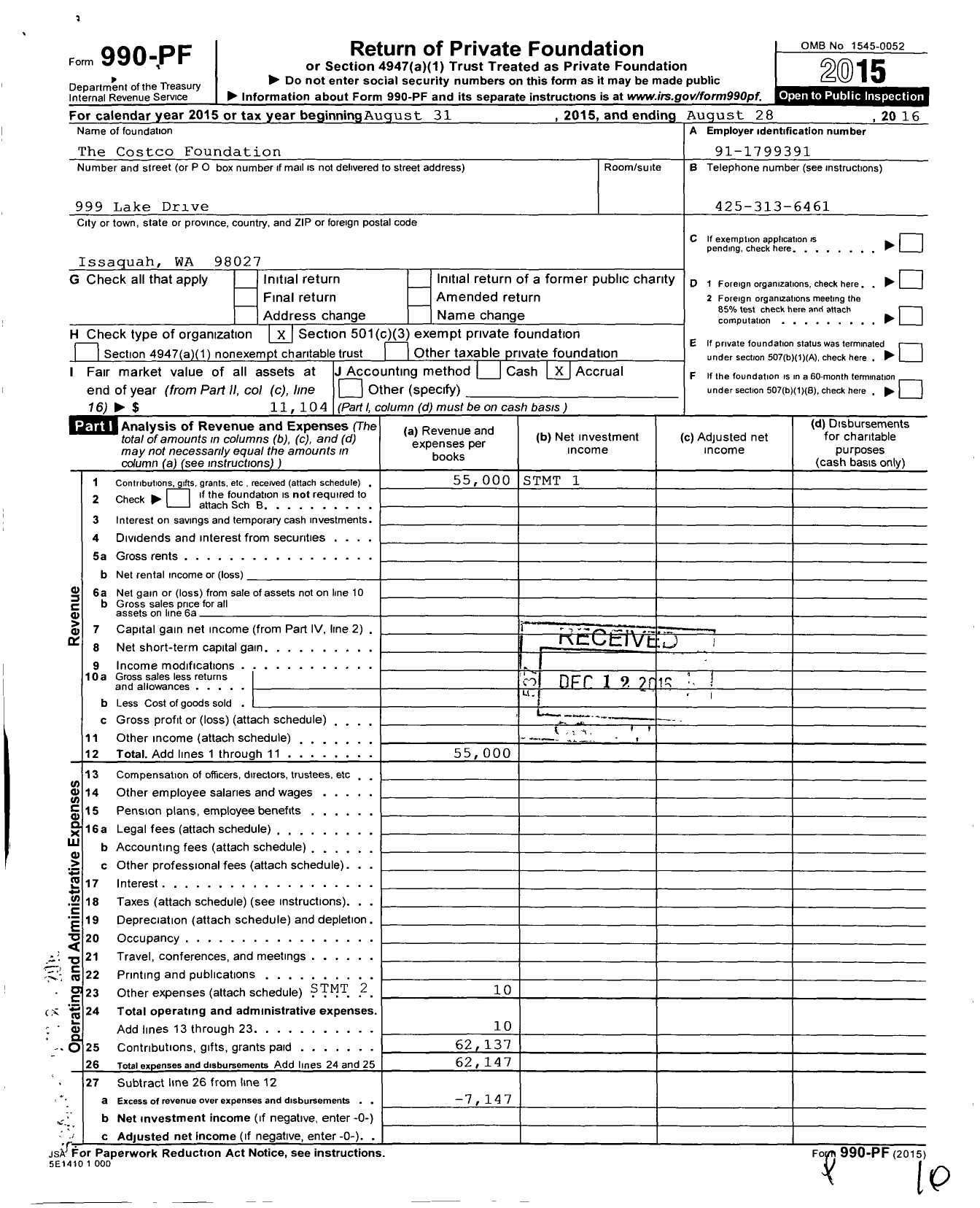 Image of first page of 2015 Form 990PF for The Costco Foundation