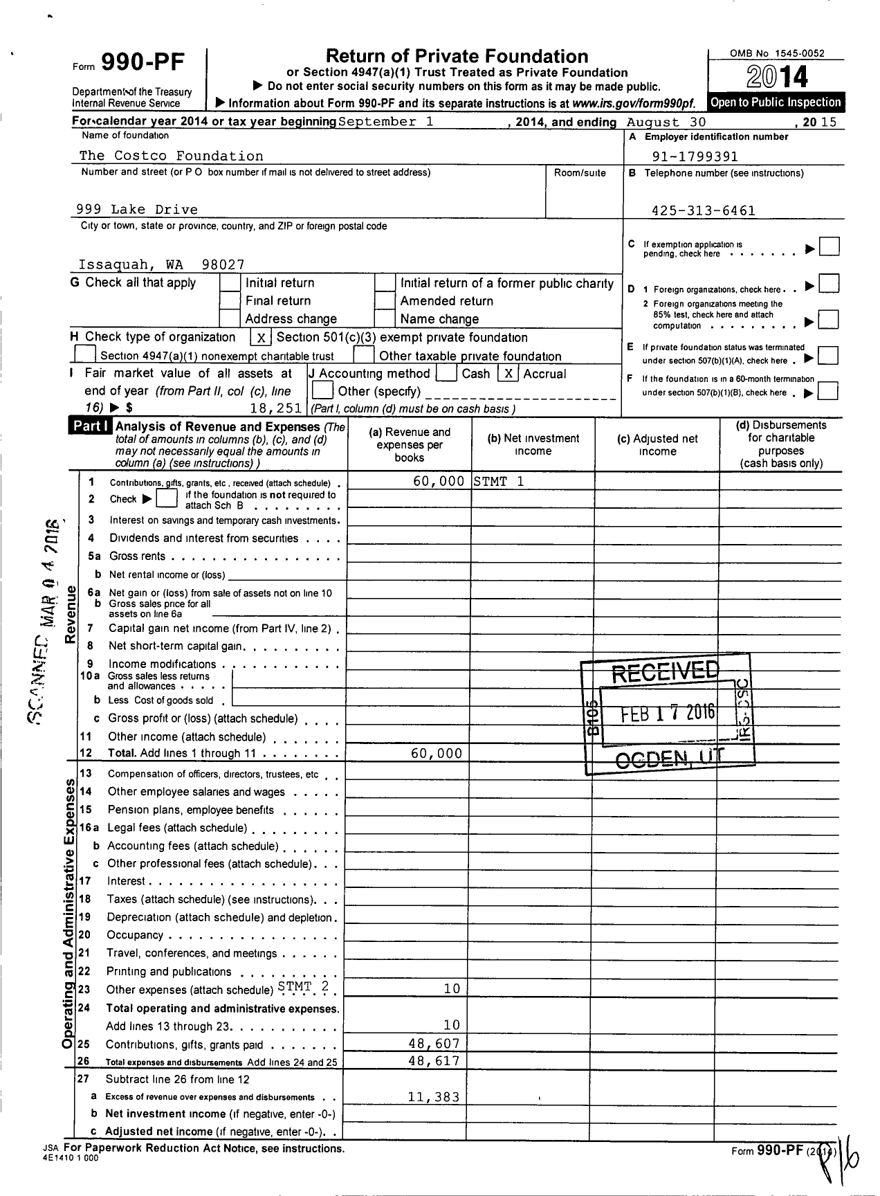 Image of first page of 2014 Form 990PF for The Costco Foundation