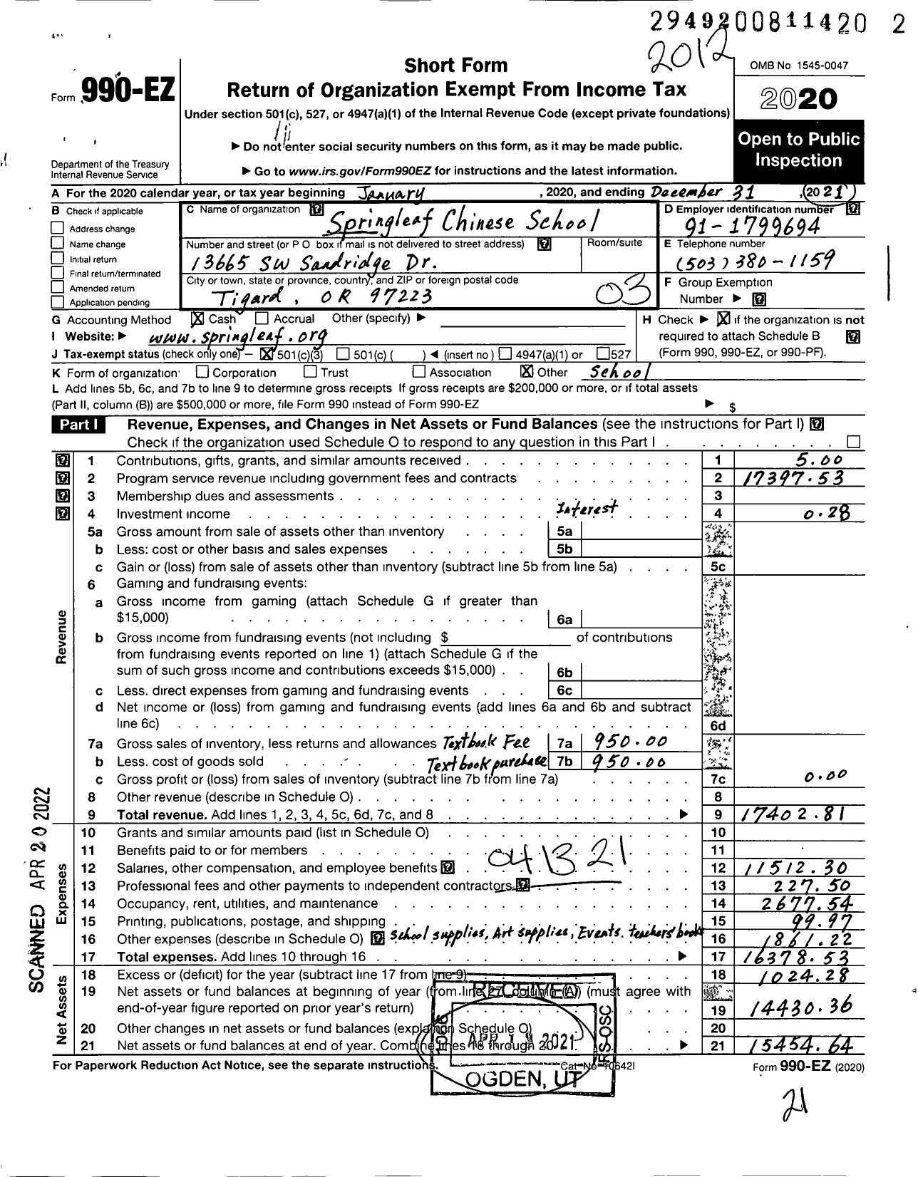 Image of first page of 2020 Form 990EZ for Springleaf Chinese School