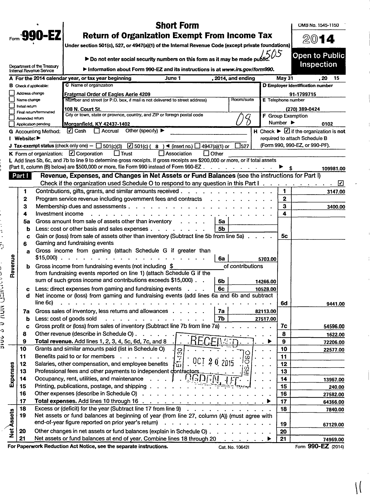 Image of first page of 2014 Form 990EO for Fraternal Order of Eagles - 4209 Aerie