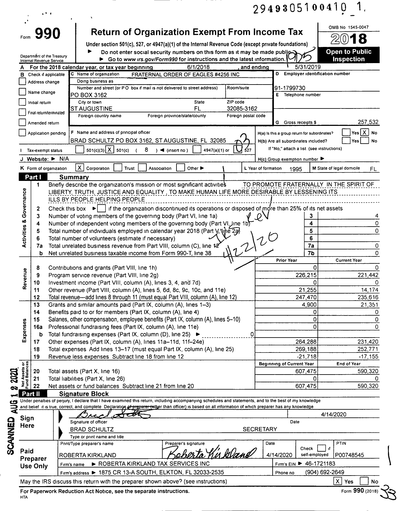 Image of first page of 2018 Form 990 for Fraternal Order of Eagles - 4256 Aerie