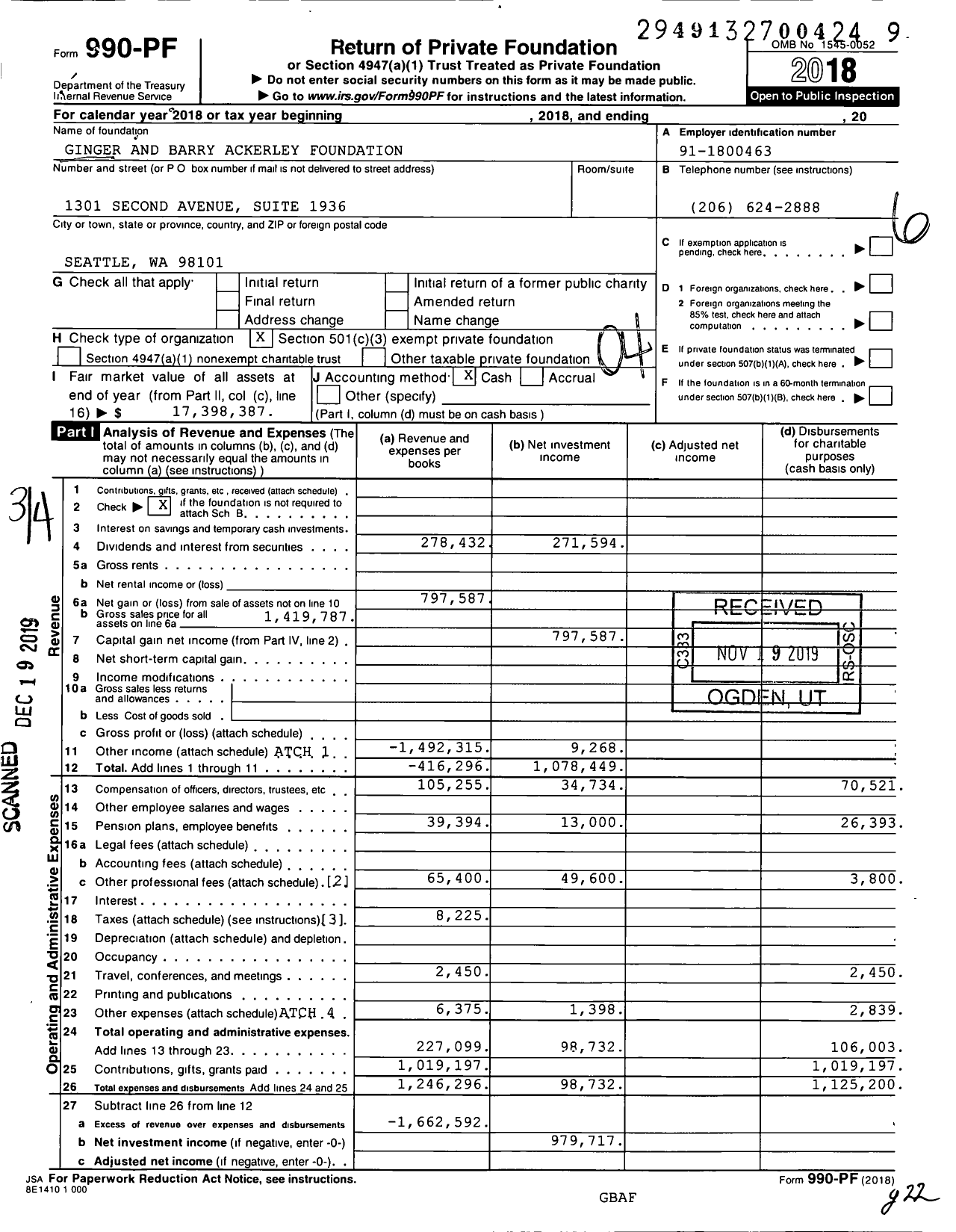 Image of first page of 2018 Form 990PF for Ginger and Barry Ackerley Foundation