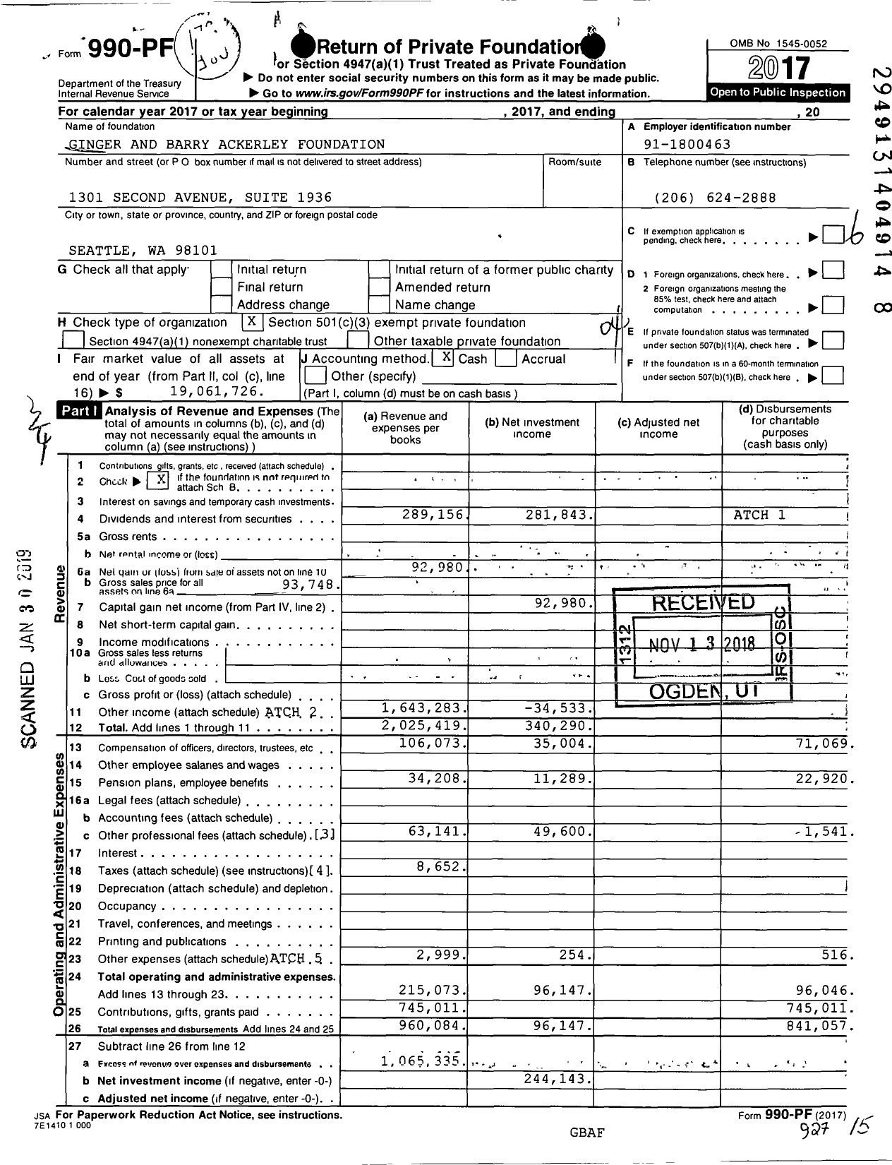 Image of first page of 2017 Form 990PF for Ginger and Barry Ackerley Foundation