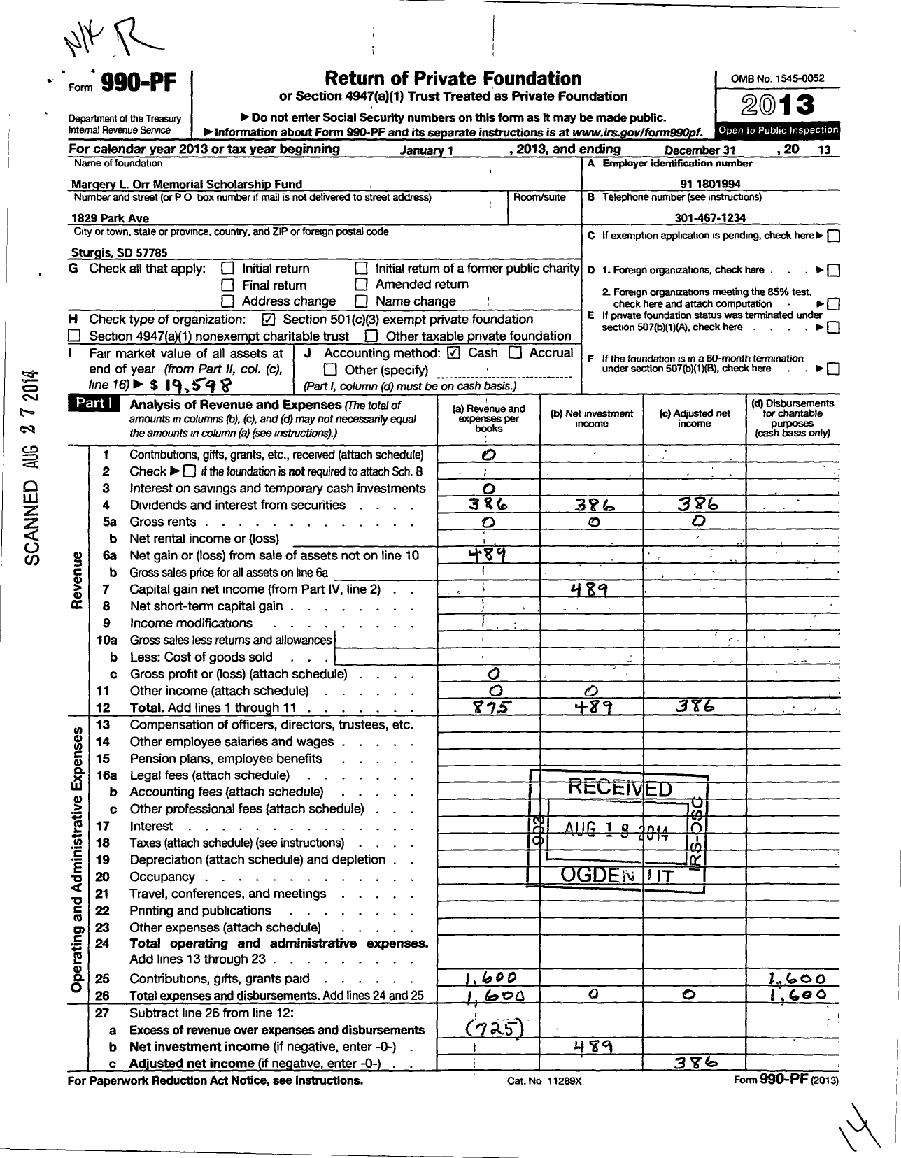 Image of first page of 2013 Form 990PF for Margery L Orr Memorial Scholarship Fund