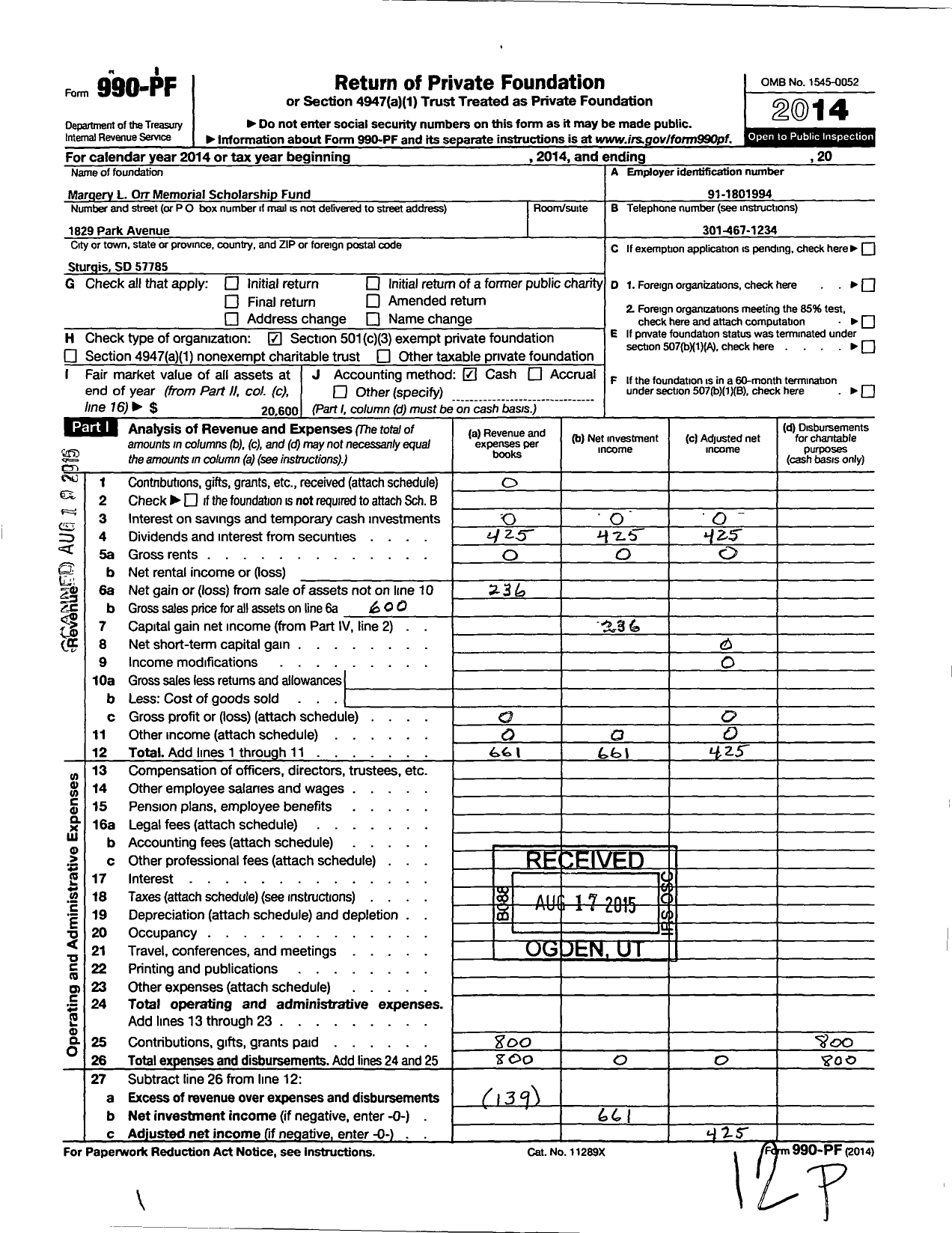 Image of first page of 2014 Form 990PF for Margery L Orr Memorial Scholarship Fund