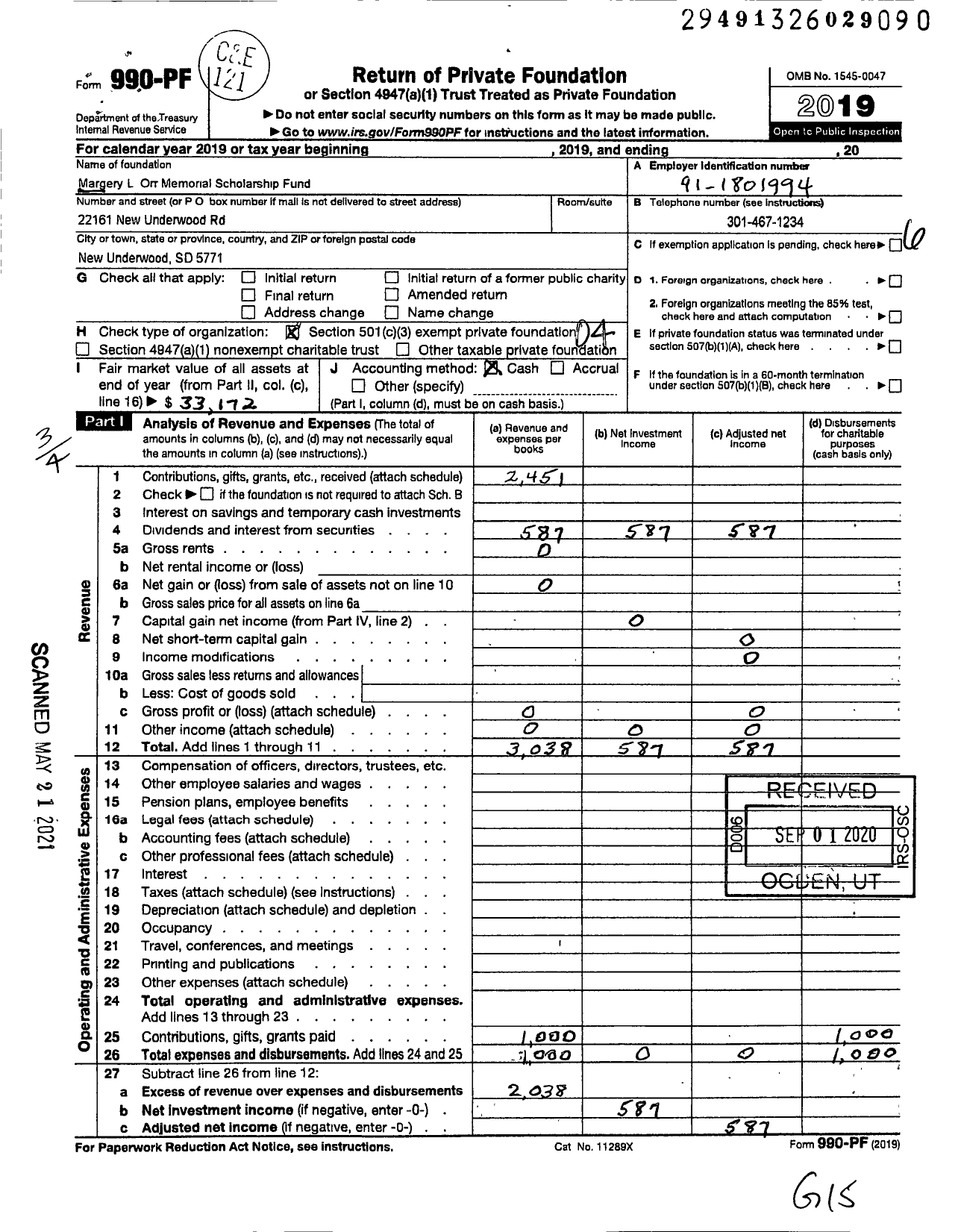 Image of first page of 2019 Form 990PF for Margery L Orr Memorial Scholarship Fund