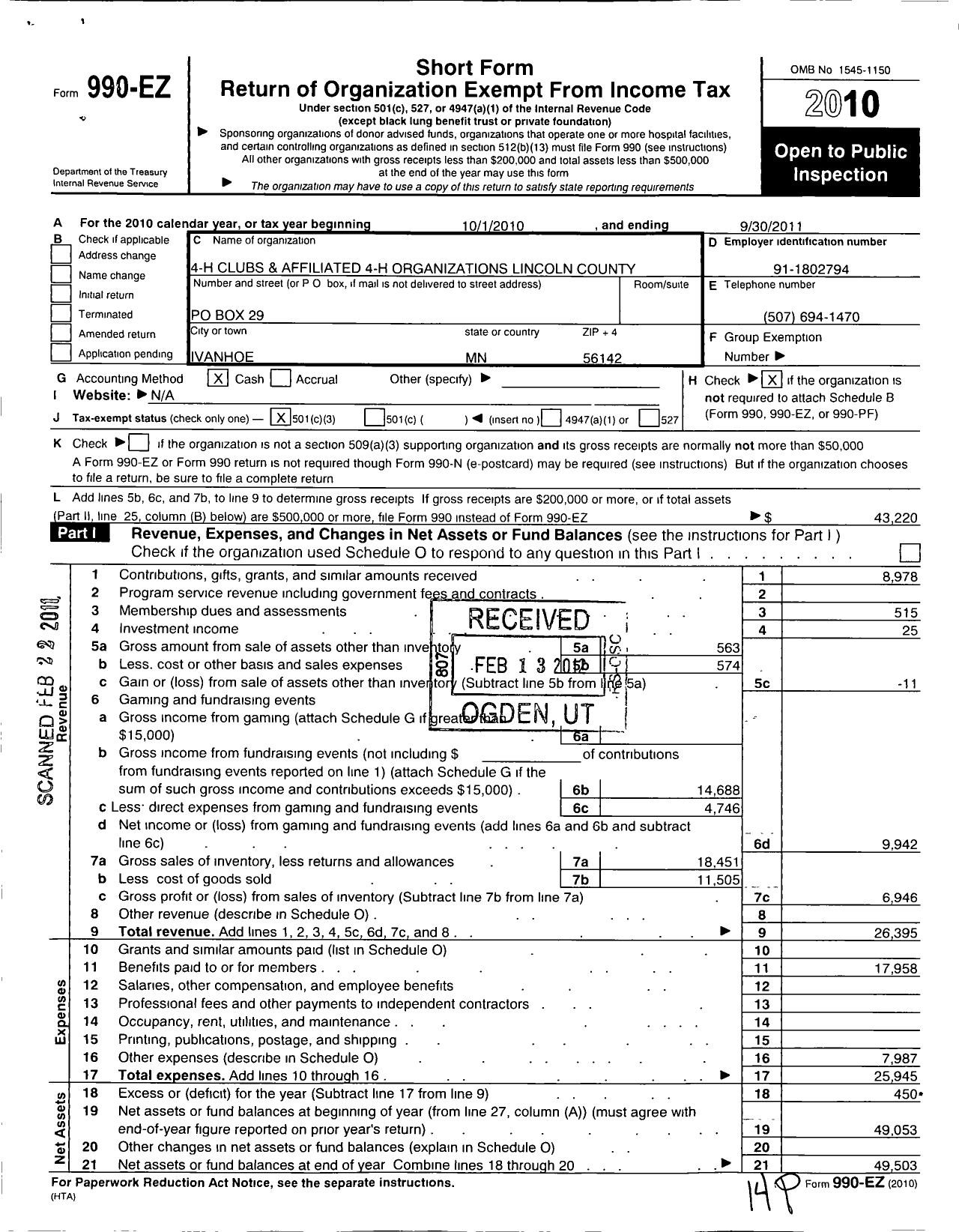 Image of first page of 2010 Form 990EZ for Lincoln County 4-H Leaders Council MN