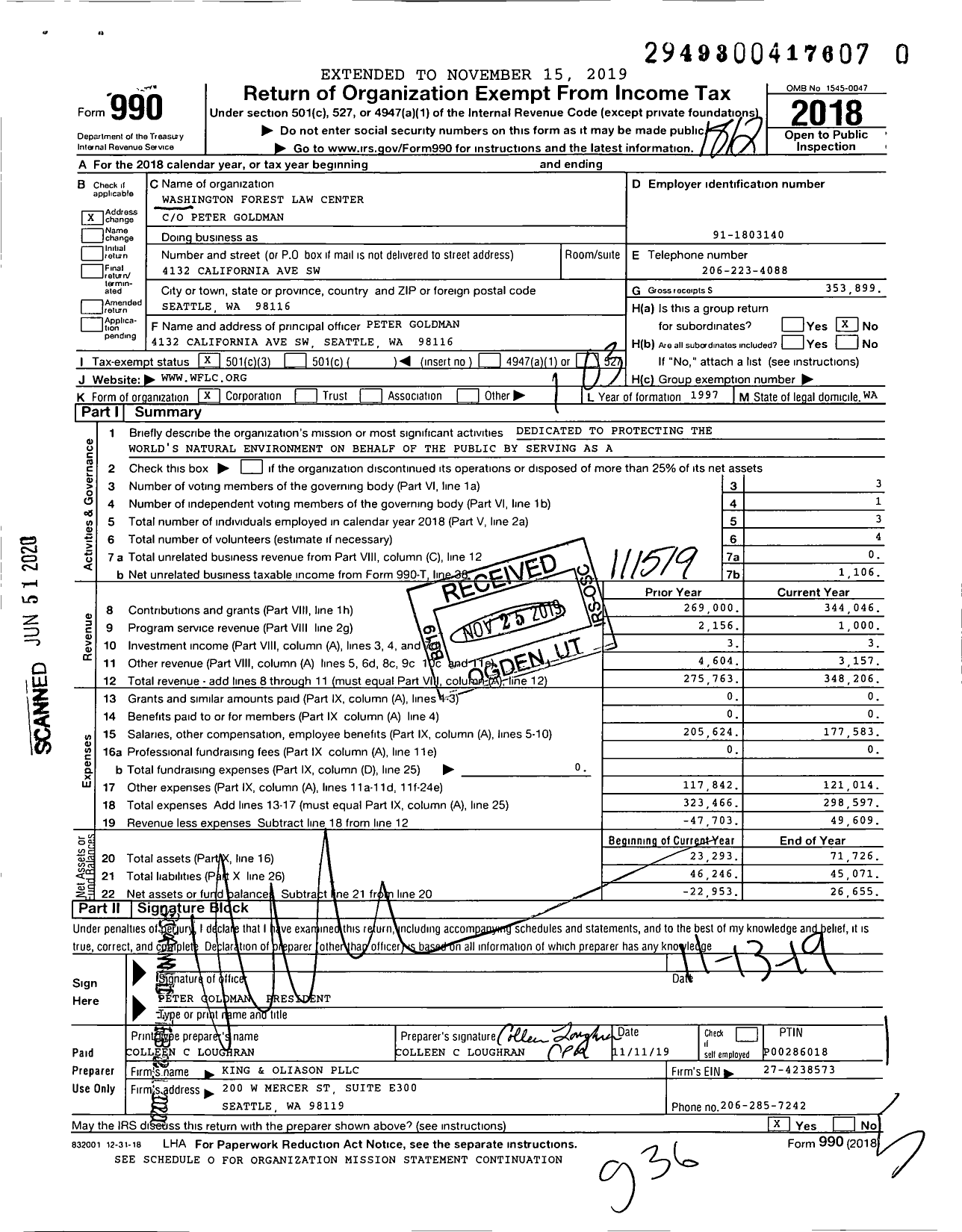 Image of first page of 2018 Form 990 for Washington Forest Law Center