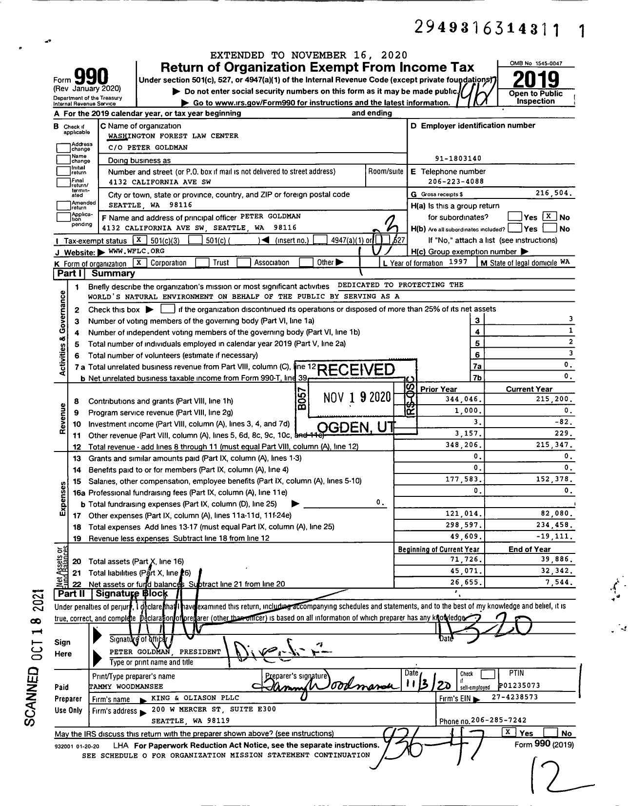 Image of first page of 2019 Form 990 for Washington Forest Law Center