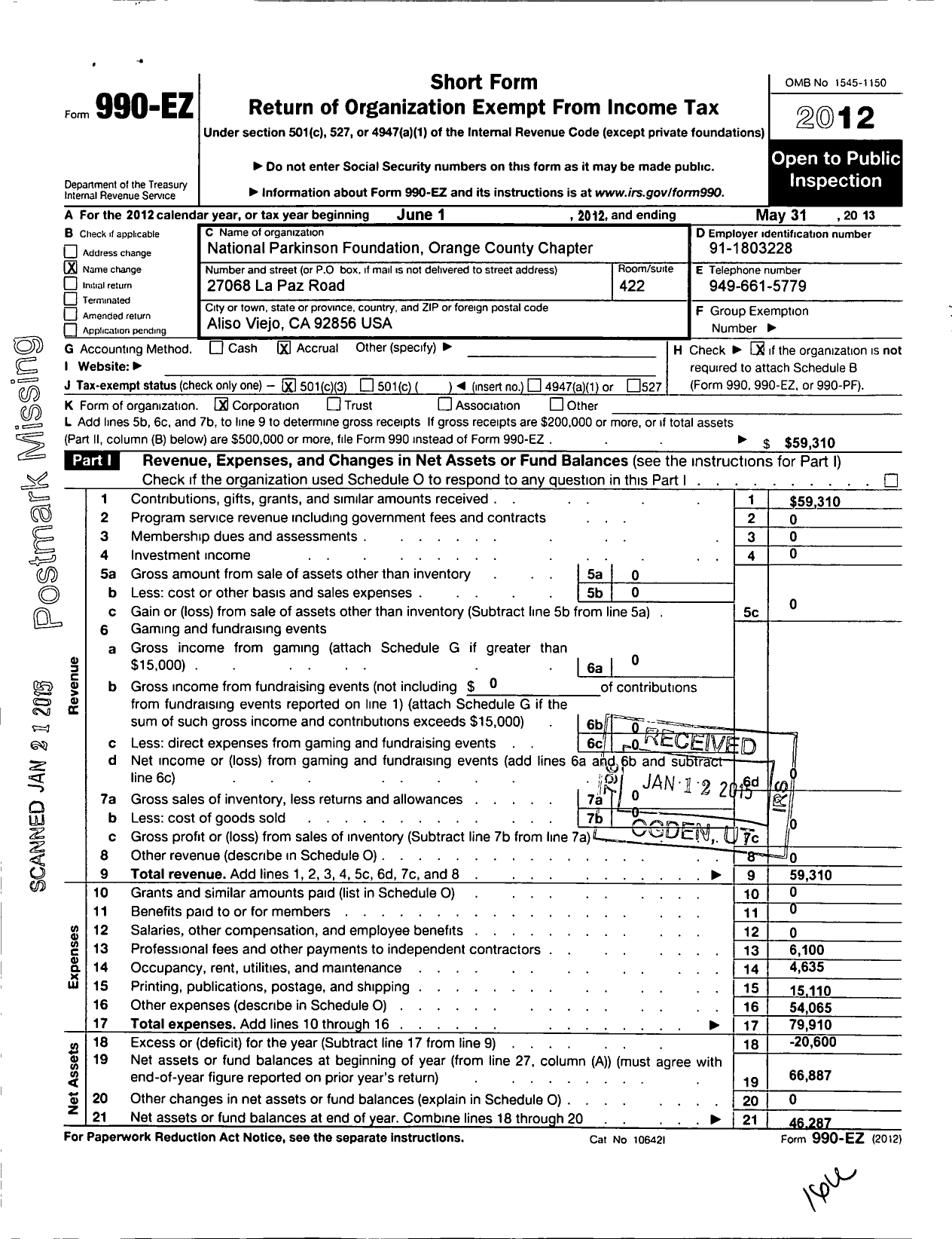 Image of first page of 2012 Form 990EZ for Npf-Orange County Ca