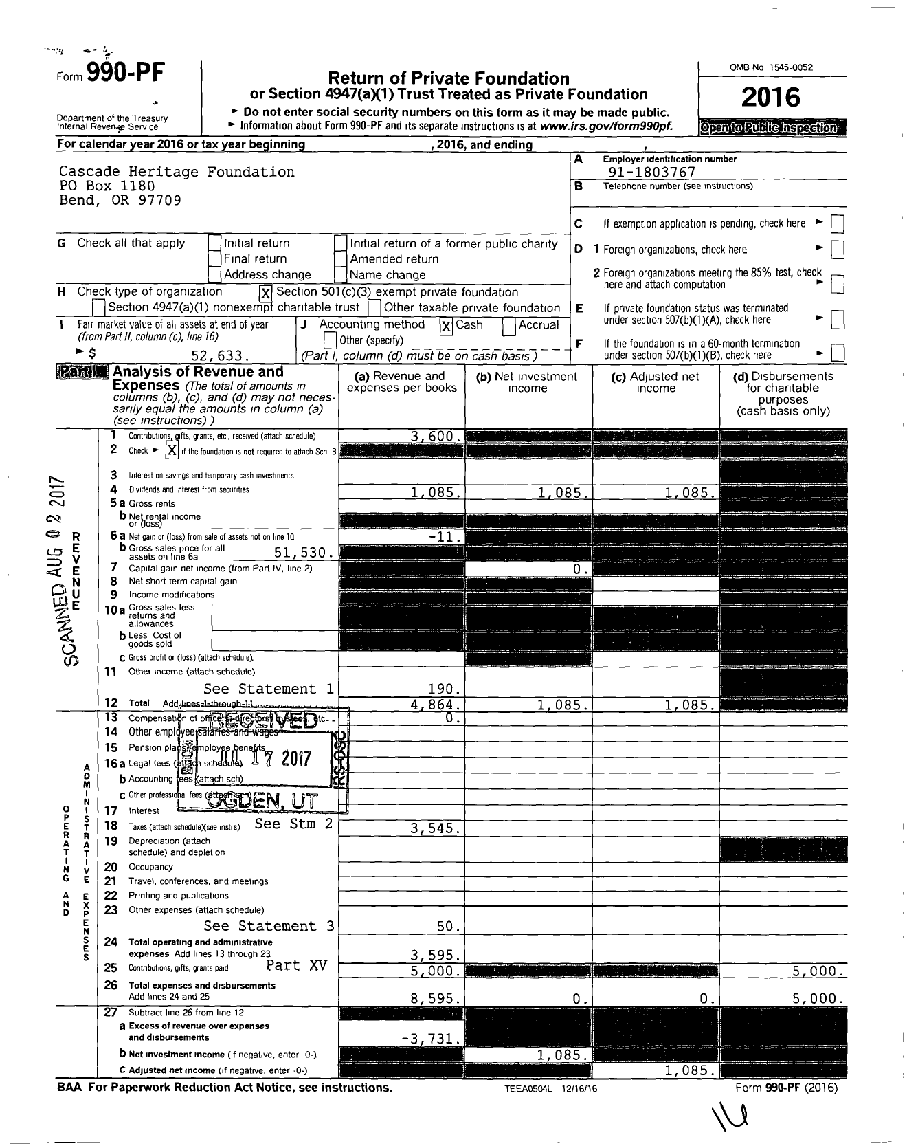 Image of first page of 2016 Form 990PF for Cascade Heritage Foundation