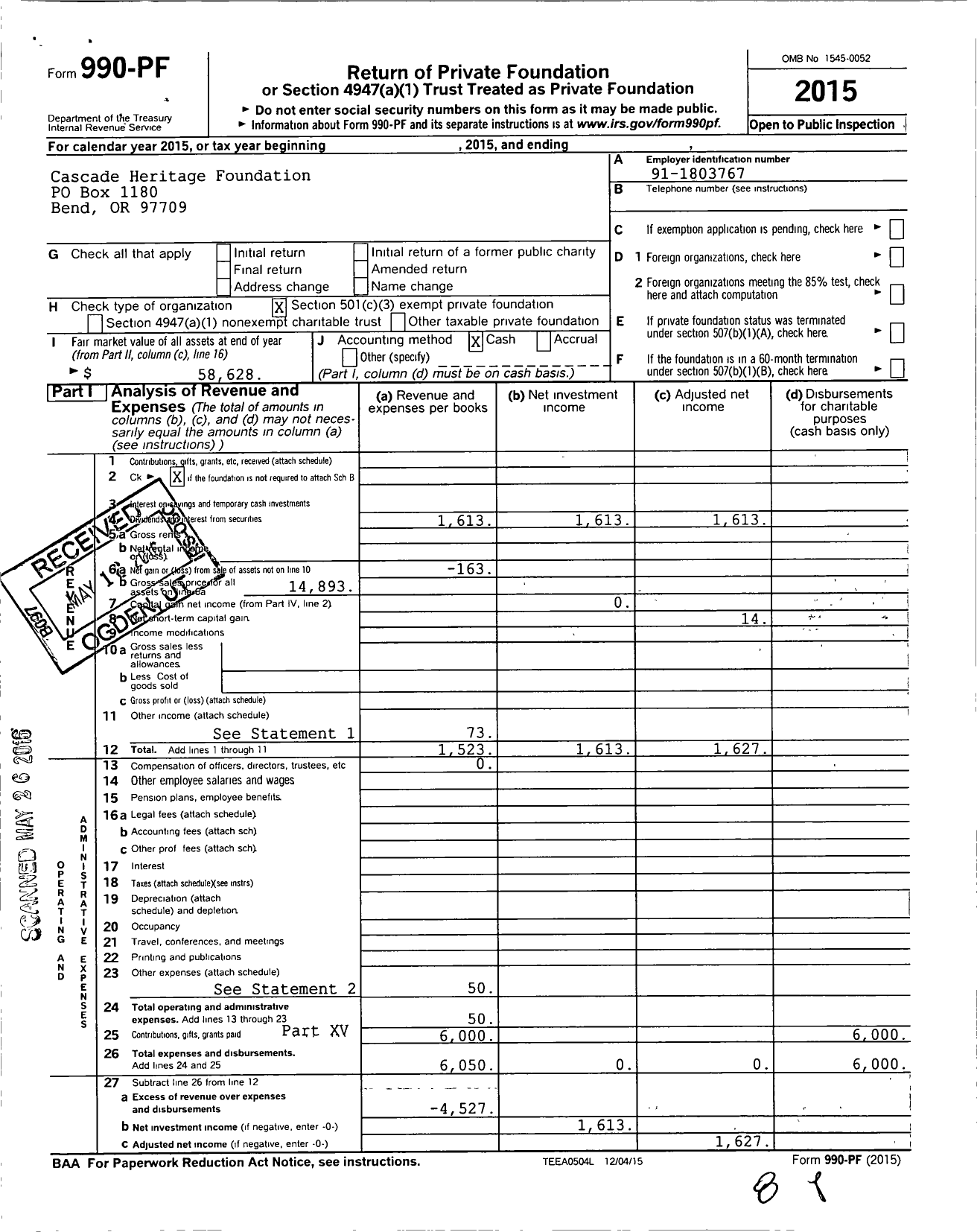 Image of first page of 2015 Form 990PF for Cascade Heritage Foundation