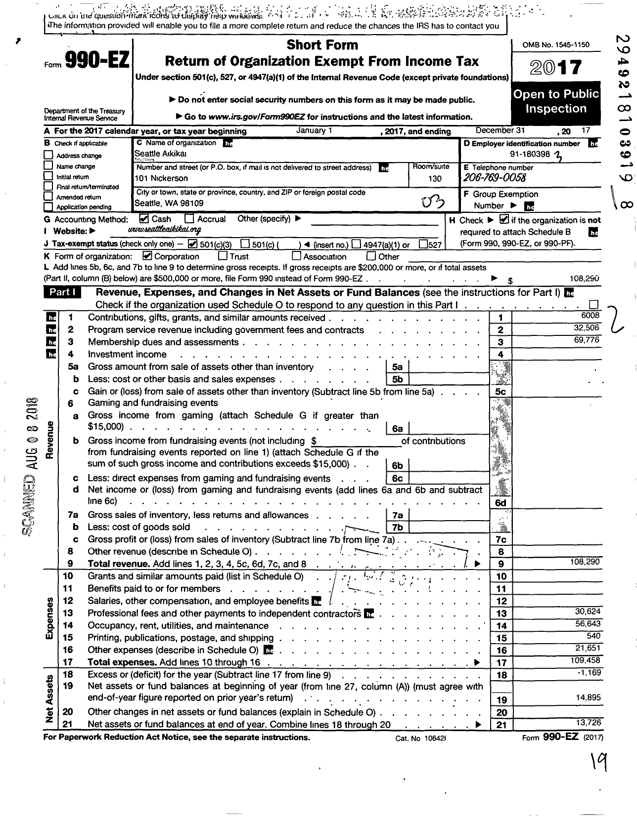 Image of first page of 2017 Form 990EZ for SEATTLE AIKIKAi