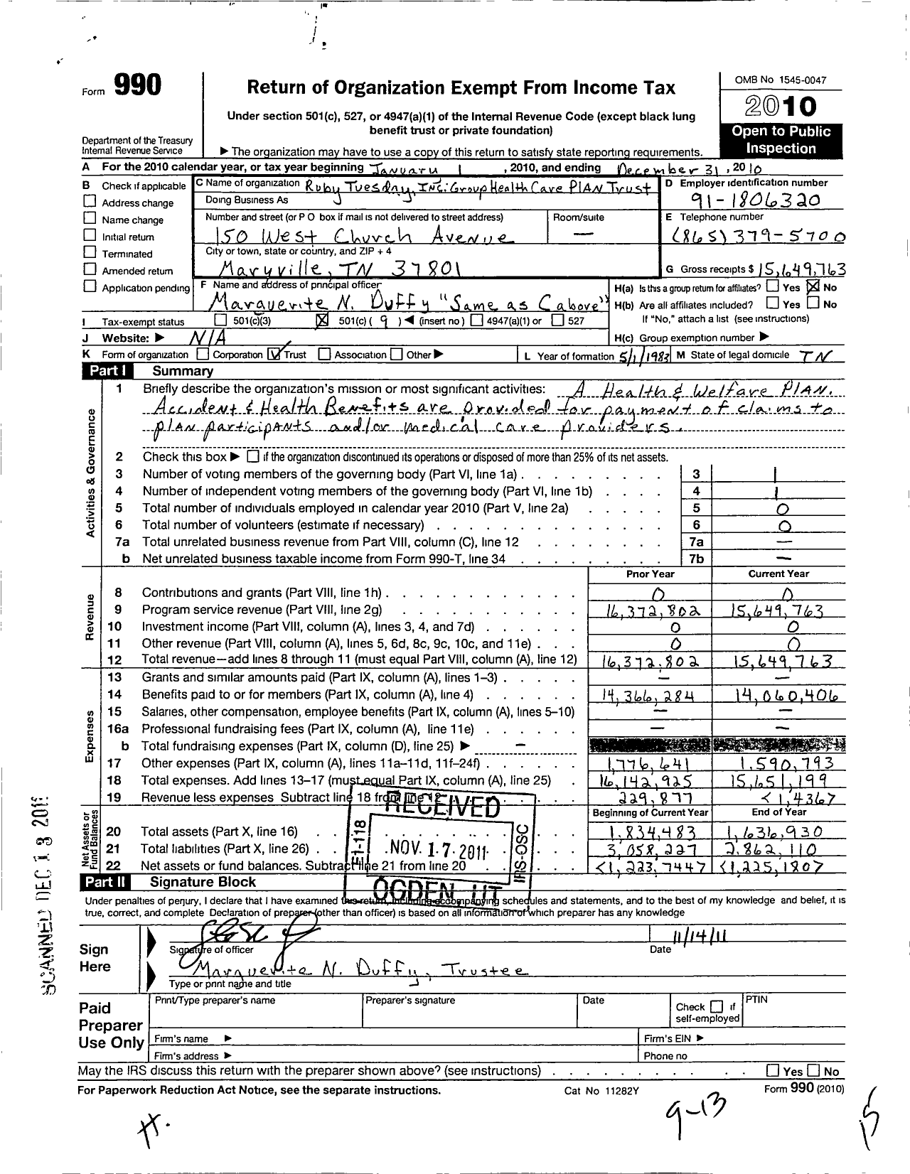Image of first page of 2010 Form 990O for Ruby Tuesday Group Health Care Plan Trust