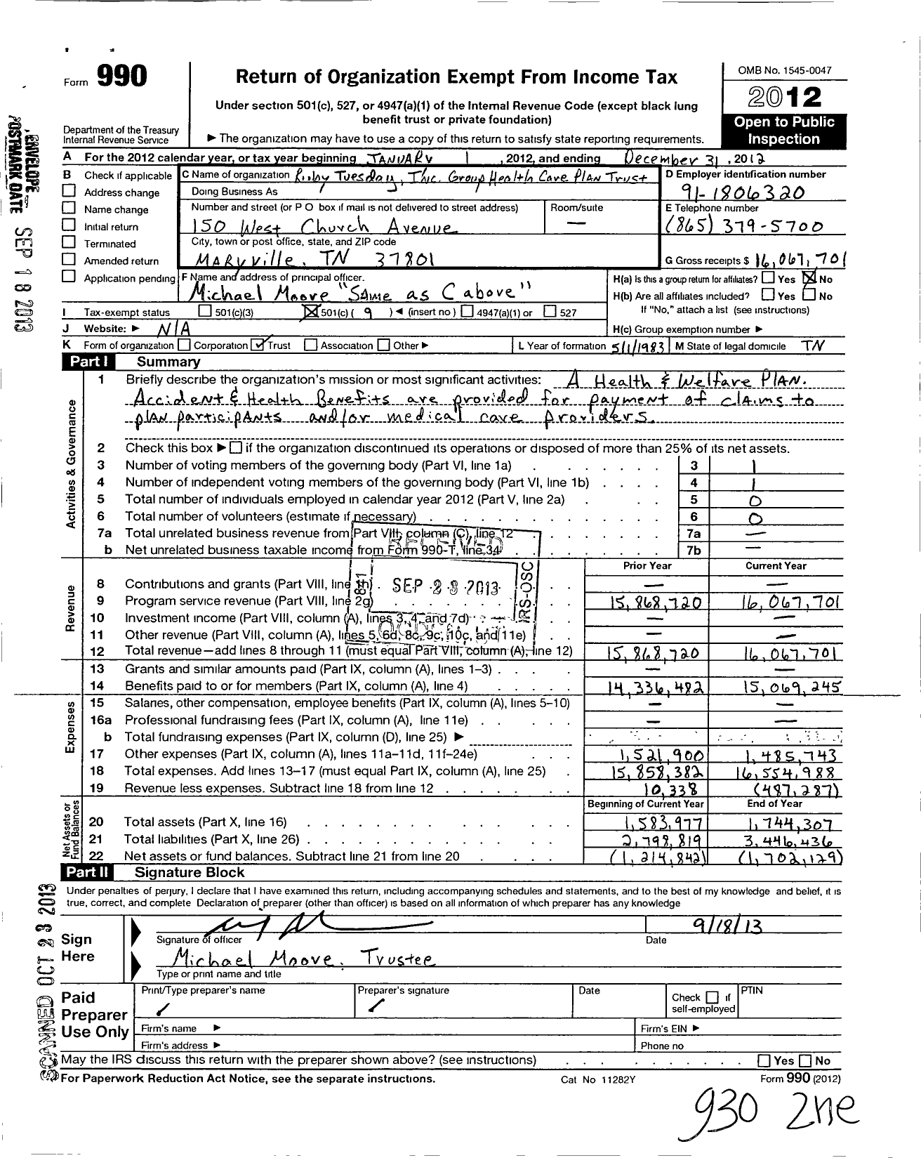 Image of first page of 2012 Form 990O for Ruby Tuesday Group Health Care Plan Trust