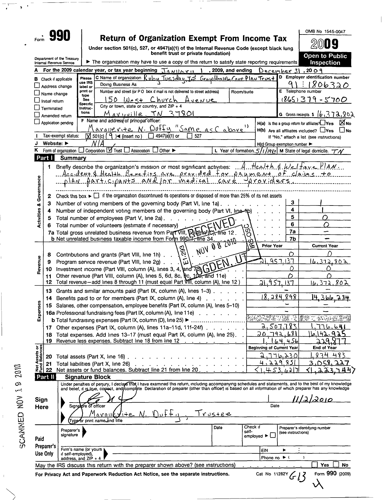 Image of first page of 2009 Form 990O for Ruby Tuesday Group Health Care Plan Trust