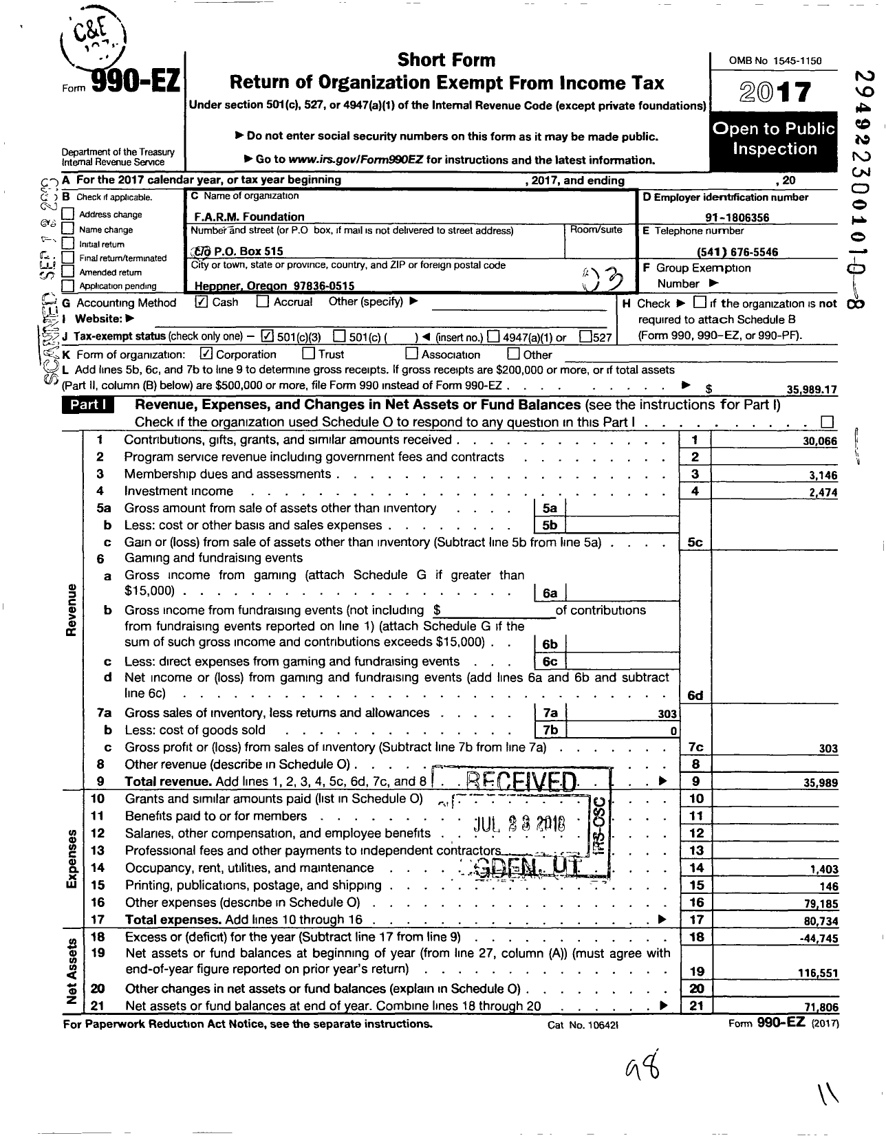 Image of first page of 2017 Form 990EZ for Farm Foundation