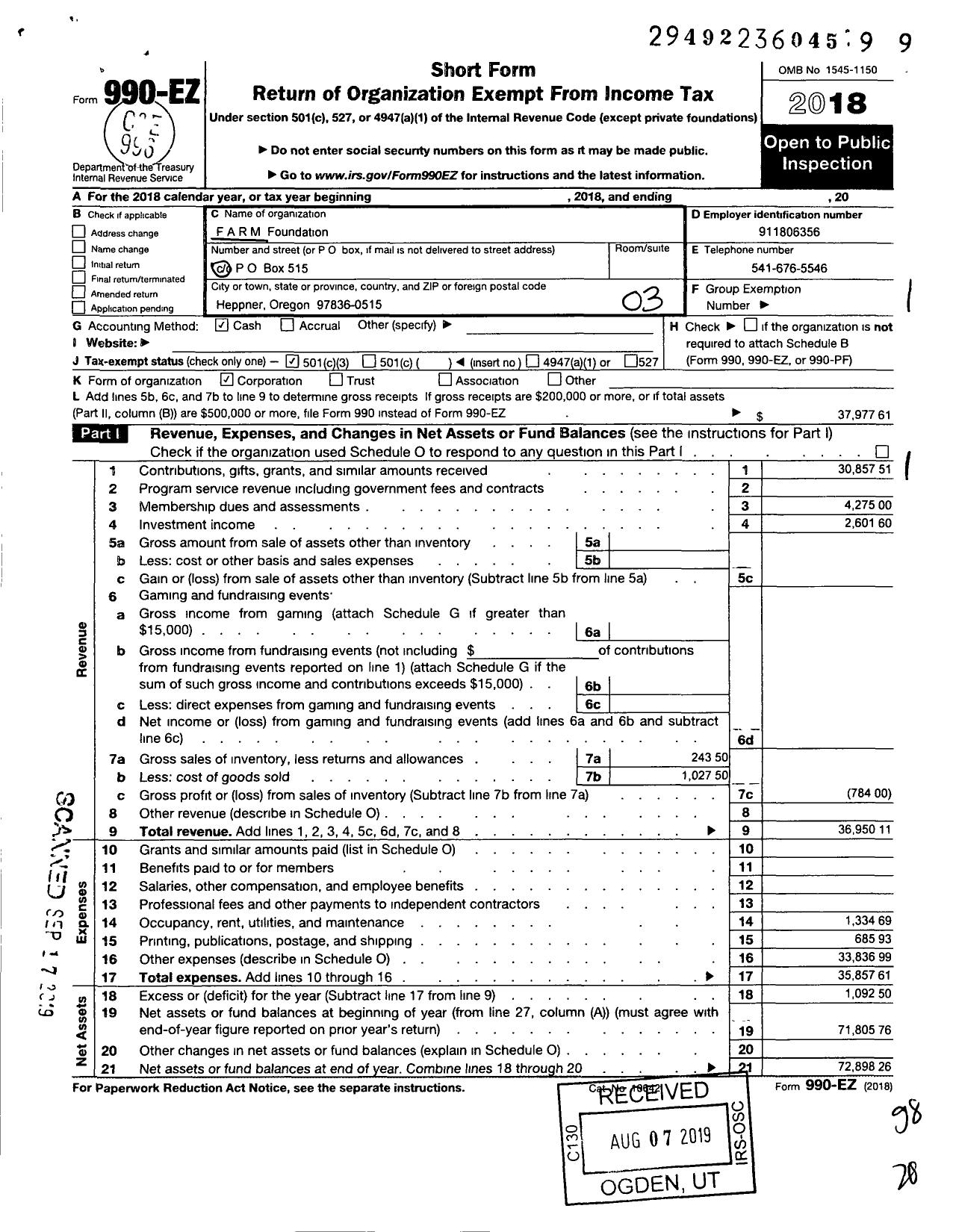 Image of first page of 2018 Form 990EZ for Farm Foundation