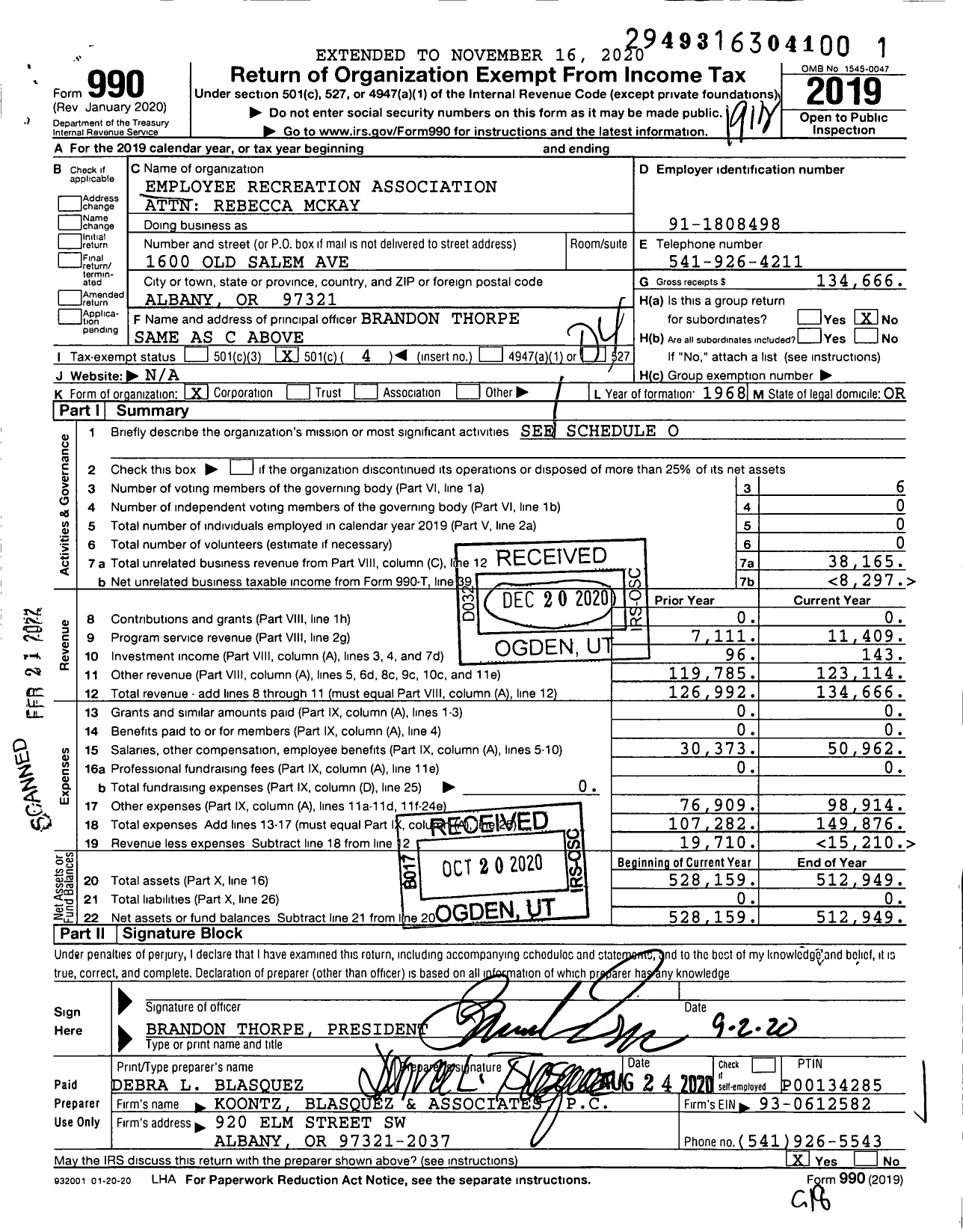 Image of first page of 2019 Form 990O for Employee Recreation Association / Treasure