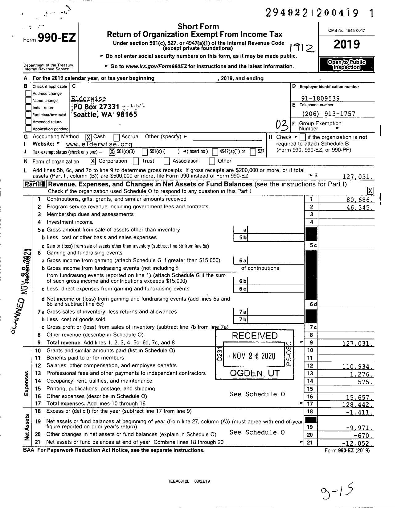 Image of first page of 2019 Form 990EZ for Elderwise