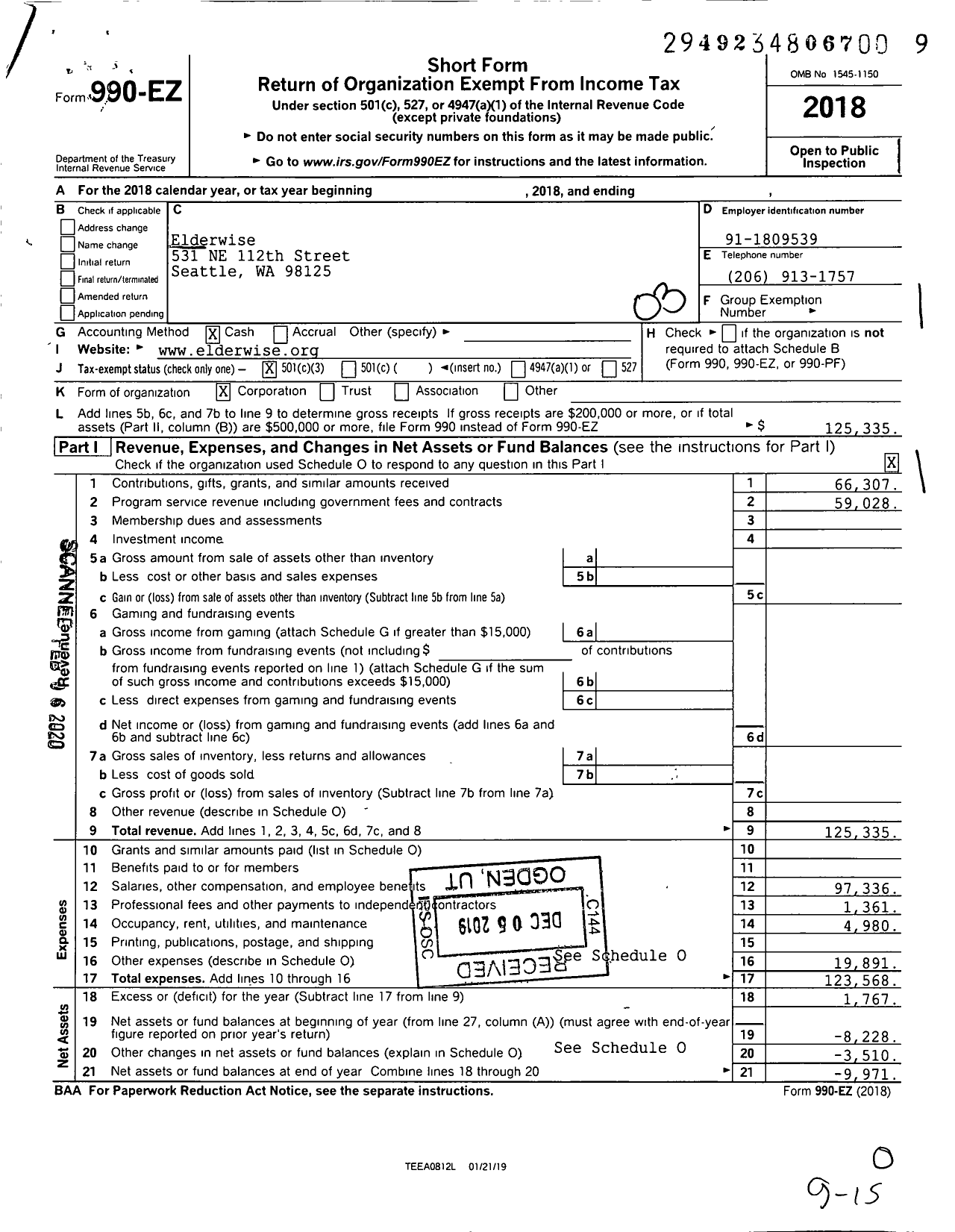 Image of first page of 2018 Form 990EZ for Elderwise