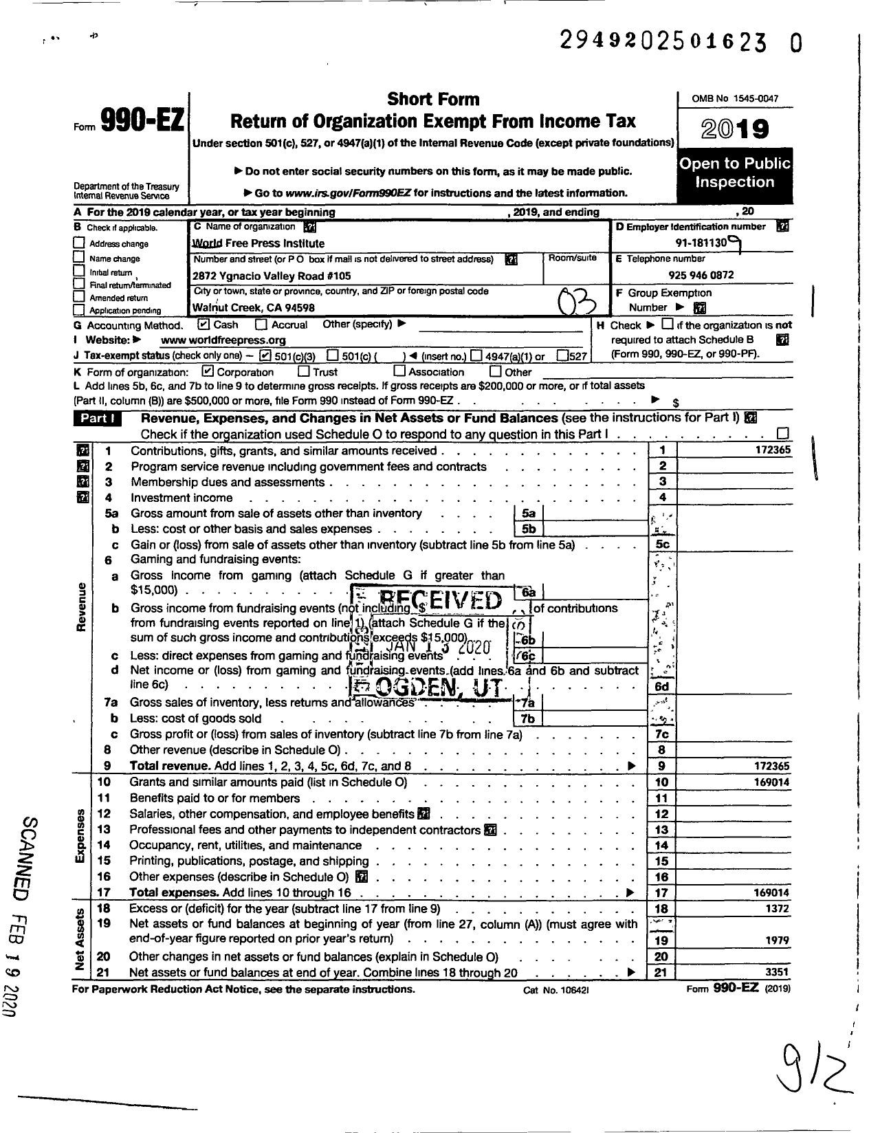 Image of first page of 2019 Form 990EZ for World Free Press Institute