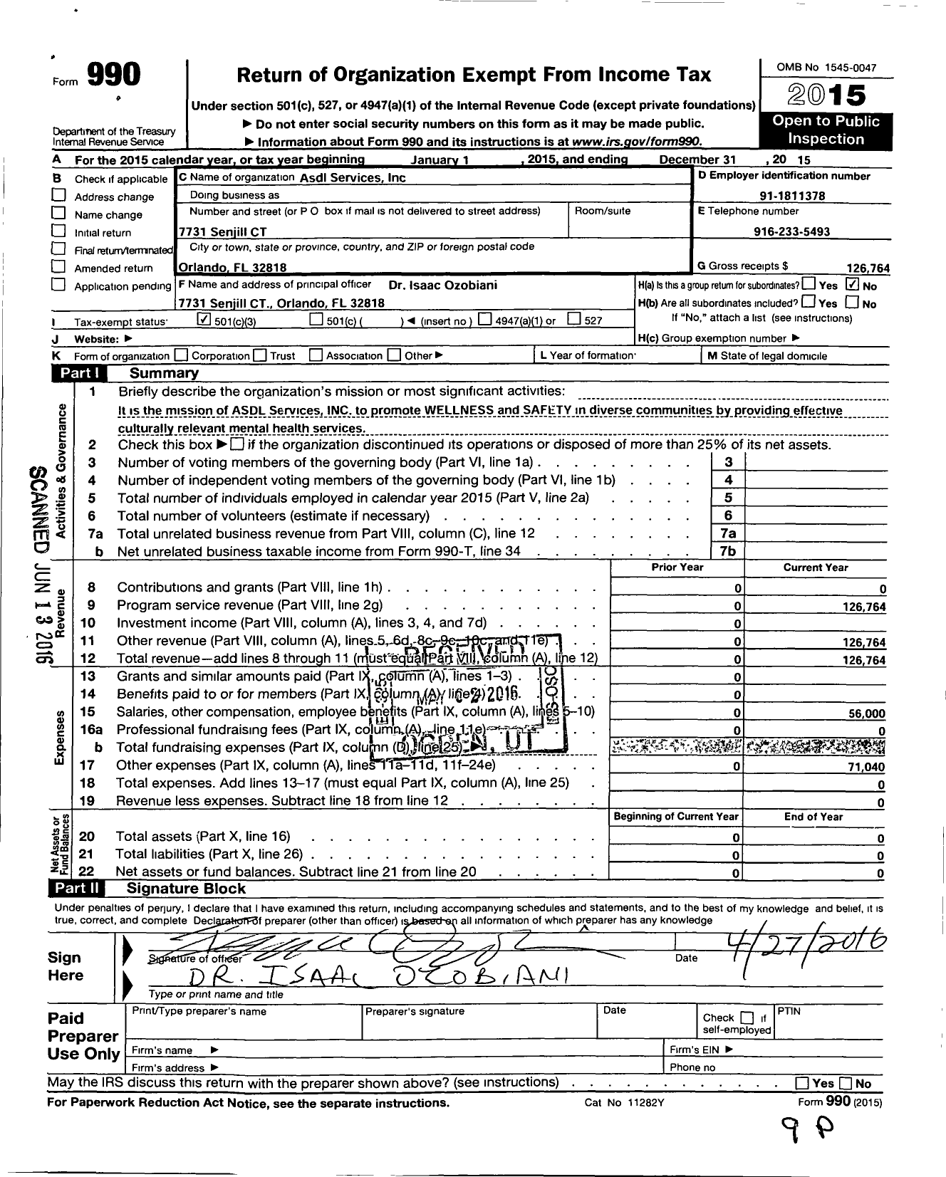 Image of first page of 2015 Form 990 for Asdl Services