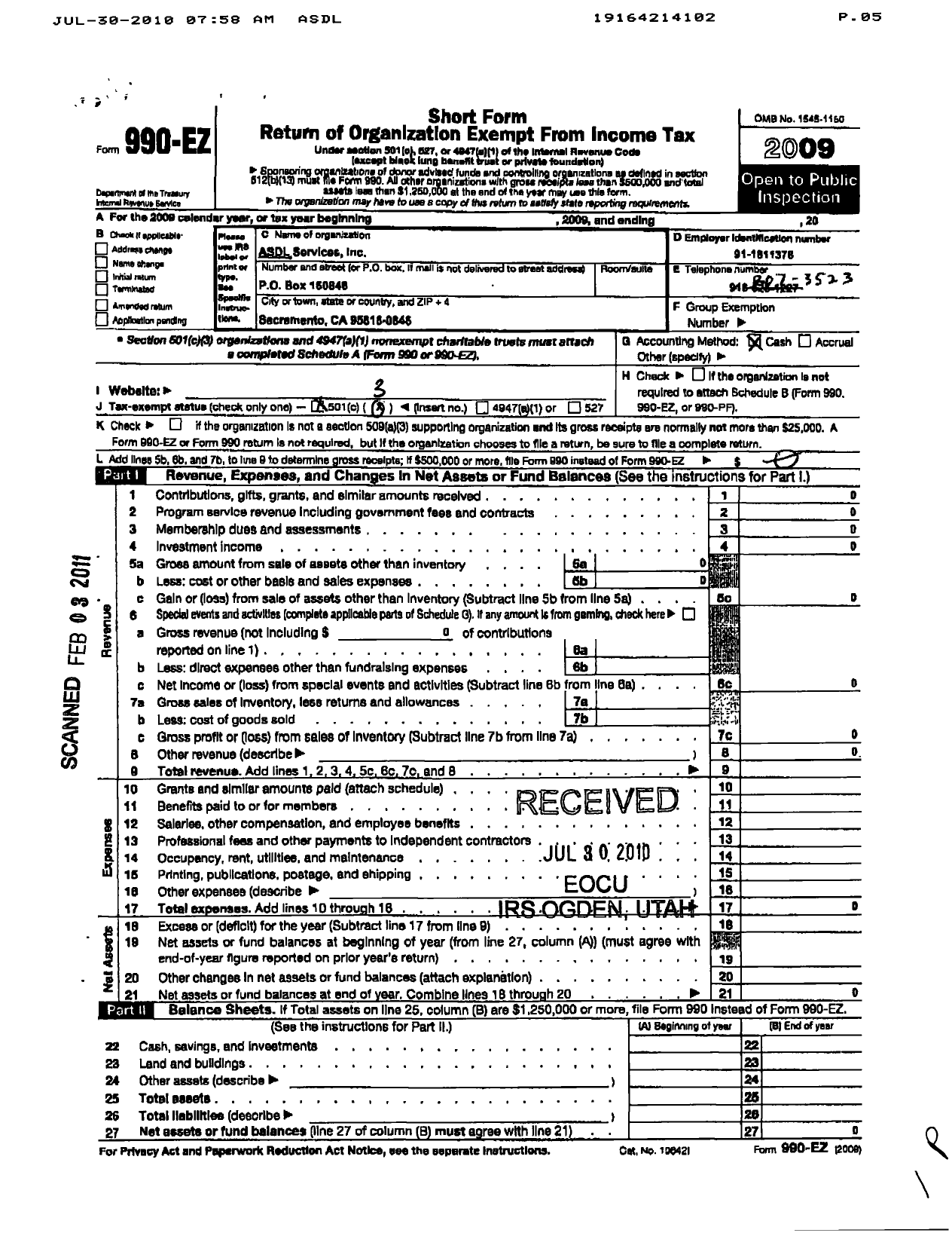 Image of first page of 2009 Form 990EZ for Asdl Services