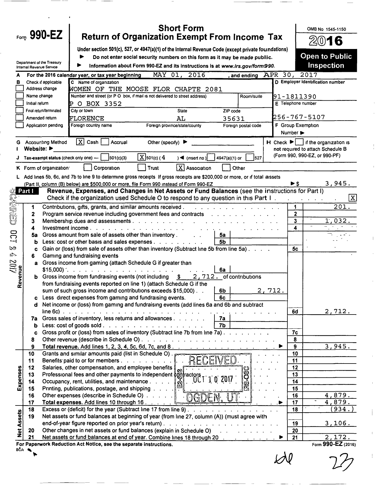 Image of first page of 2016 Form 990EO for Loyal Order of Moose - 2081