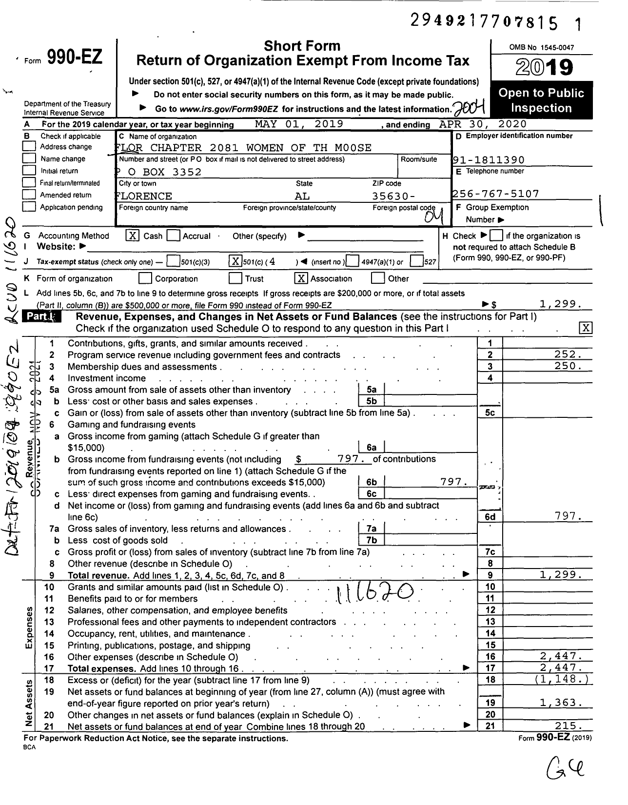 Image of first page of 2019 Form 990EO for Loyal Order of Moose - 2081