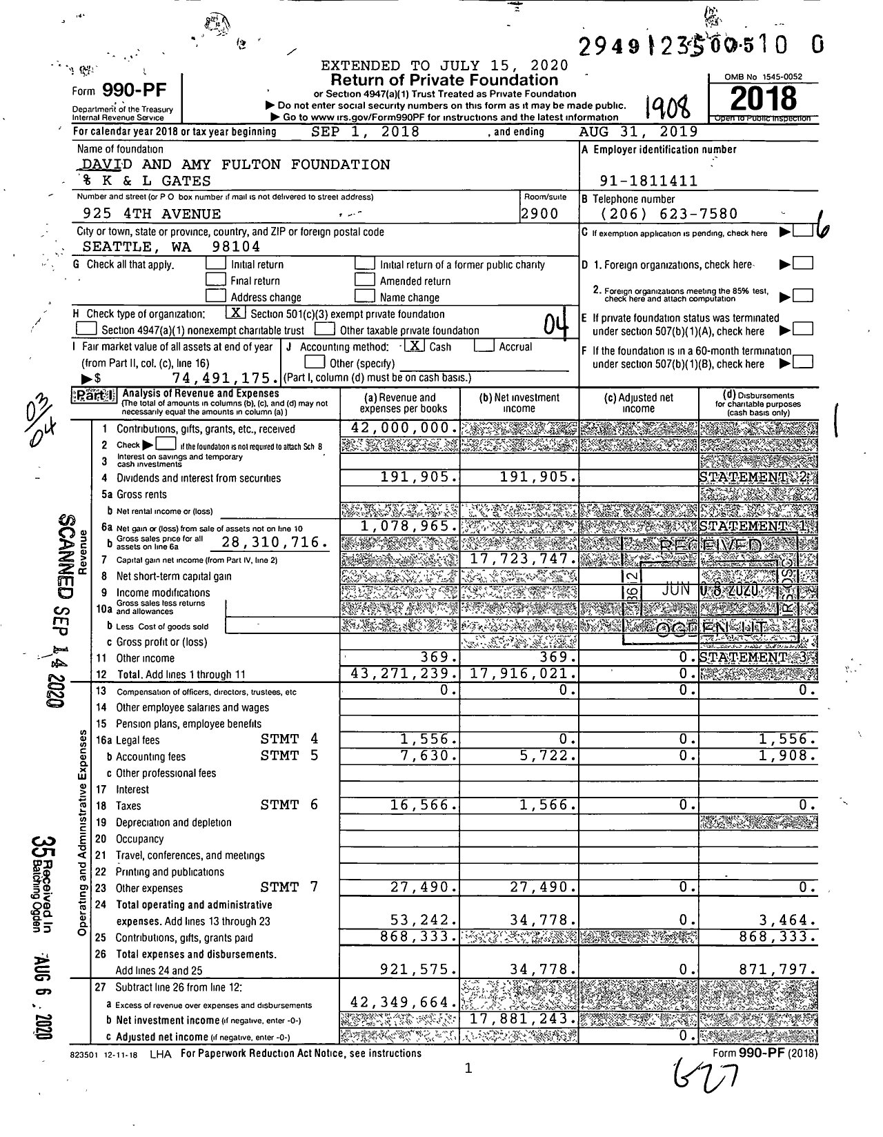 Image of first page of 2018 Form 990PR for David and Amy Fulton Foundation