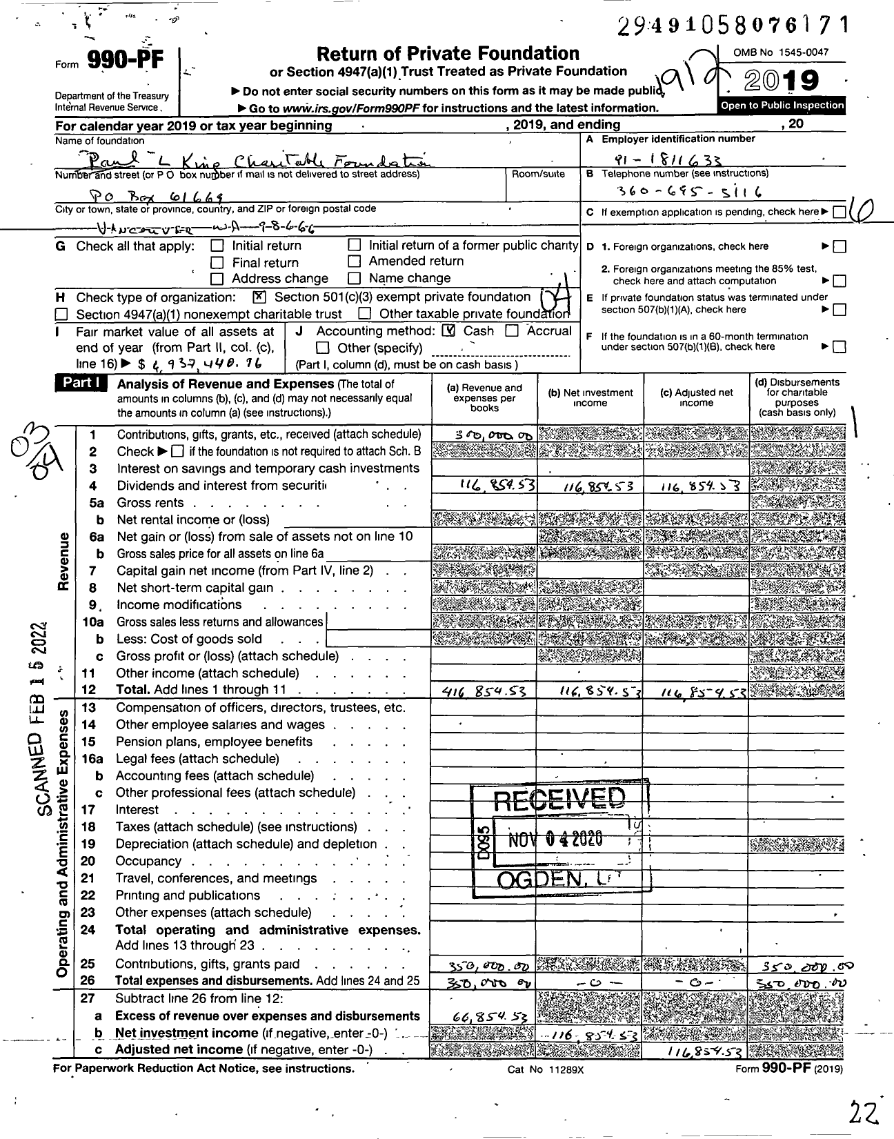 Image of first page of 2019 Form 990PF for Paul L King Charitable Foundation