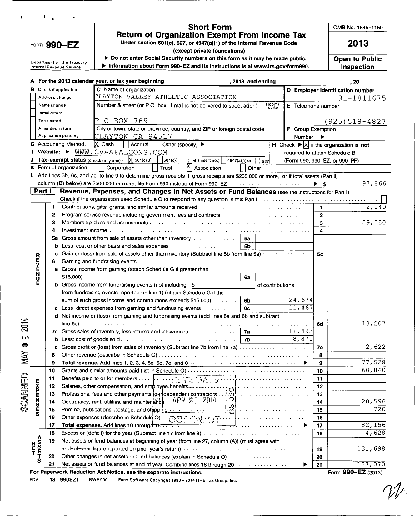 Image of first page of 2013 Form 990EZ for Clayton Valley Athletic Association