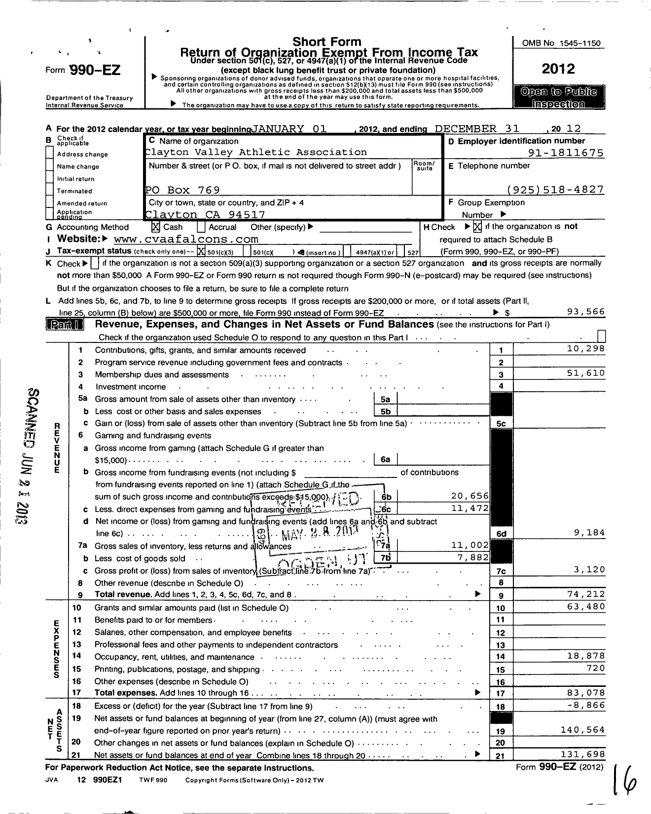 Image of first page of 2012 Form 990EZ for Clayton Valley Athletic Association