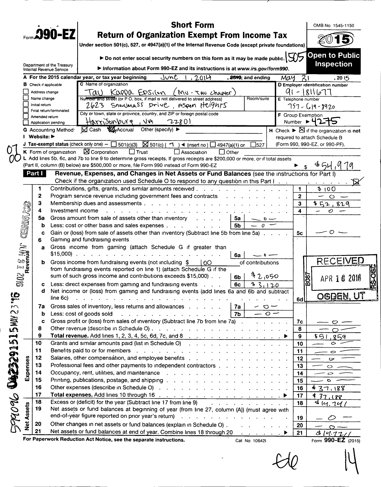 Image of first page of 2014 Form 990EO for Tau Kappa Epsilon Fraternity - 383 Mu-Tau Chapter