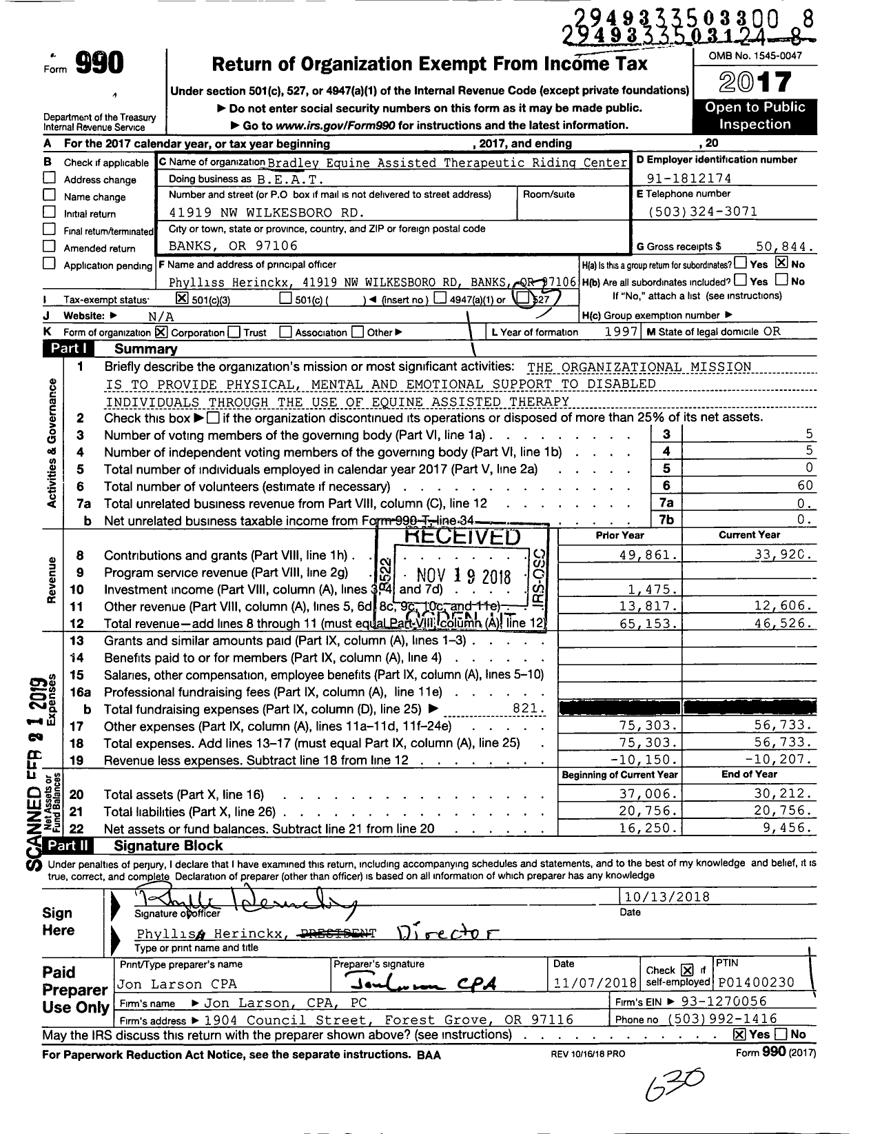 Image of first page of 2017 Form 990 for Bradley Equine Assisted Therapeutic Riding Center