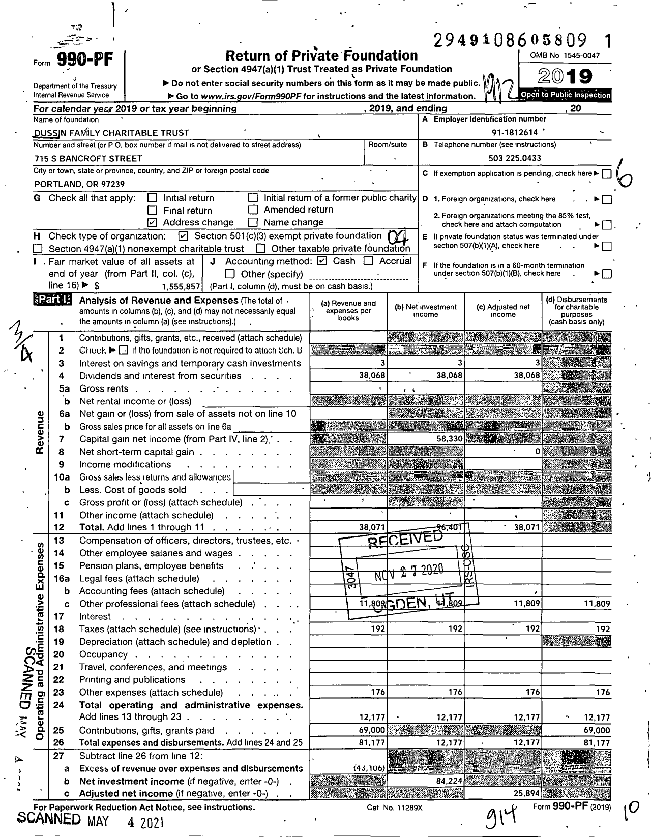 Image of first page of 2019 Form 990PF for Dussin Family Charitable Trust