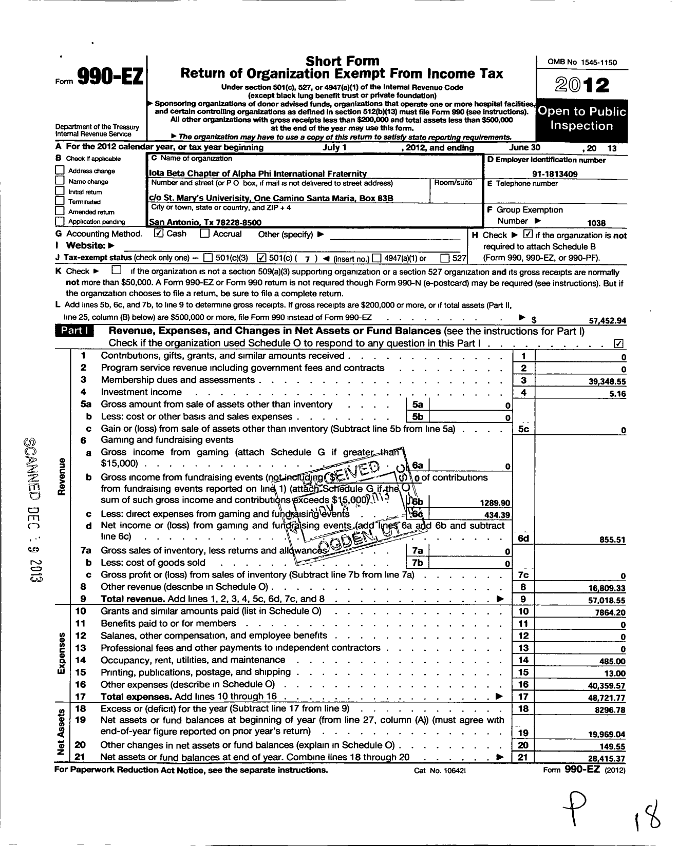 Image of first page of 2012 Form 990EO for Alpha Phi - Iota Beta St Marys University