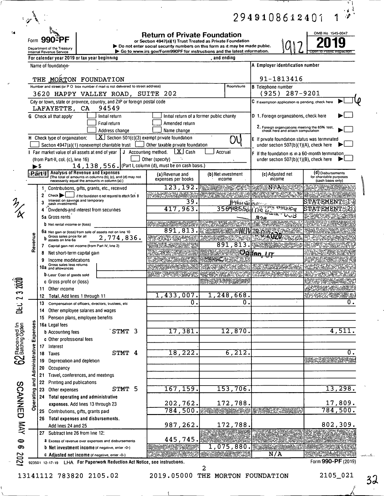 Image of first page of 2019 Form 990PF for Morton Foundation