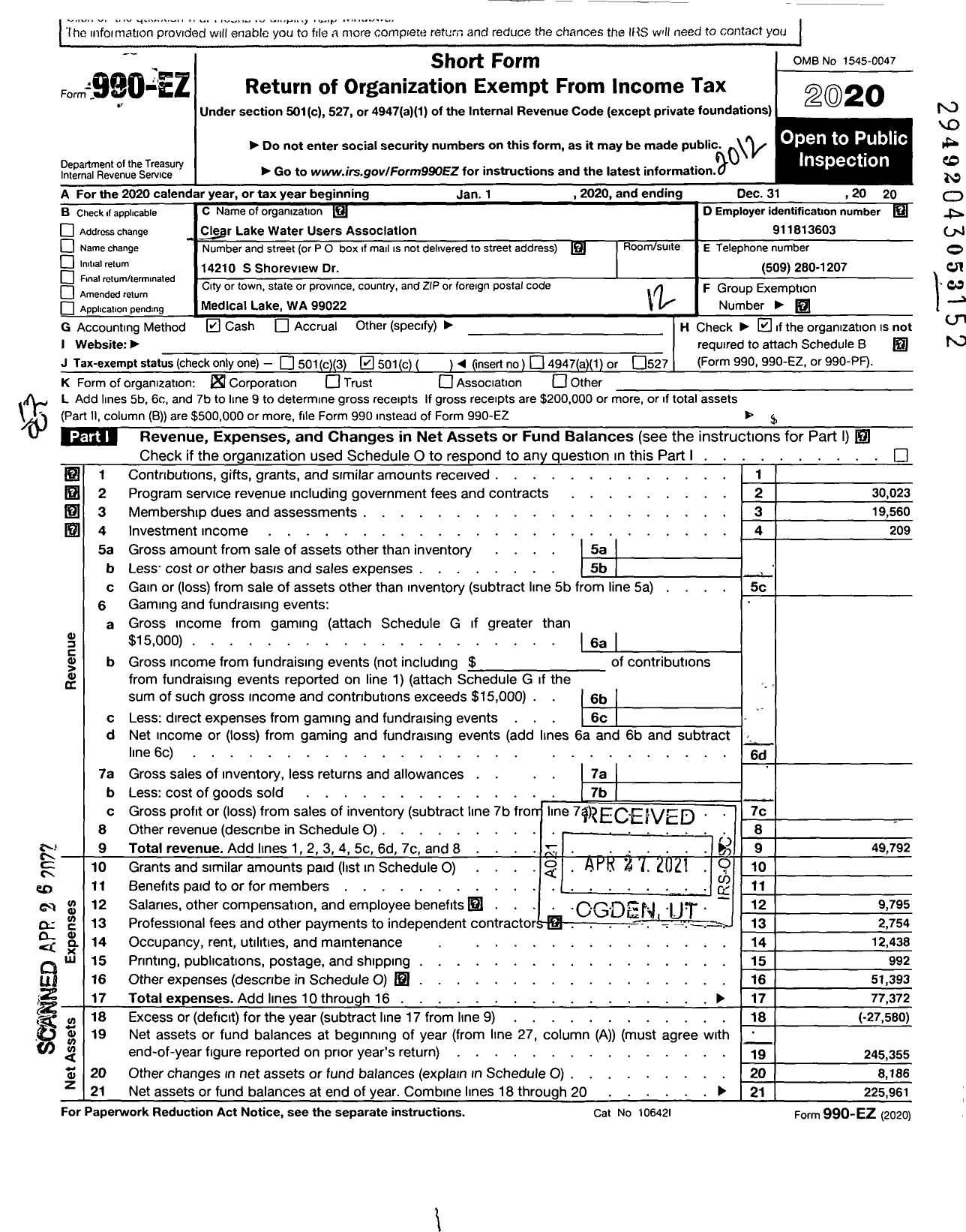 Image of first page of 2020 Form 990EO for Clear Lake Water Users Association