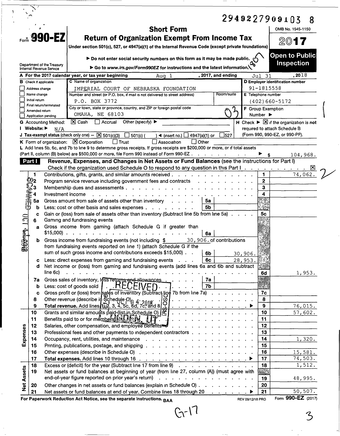 Image of first page of 2017 Form 990EZ for Imperial Court of Nebraska Foundation