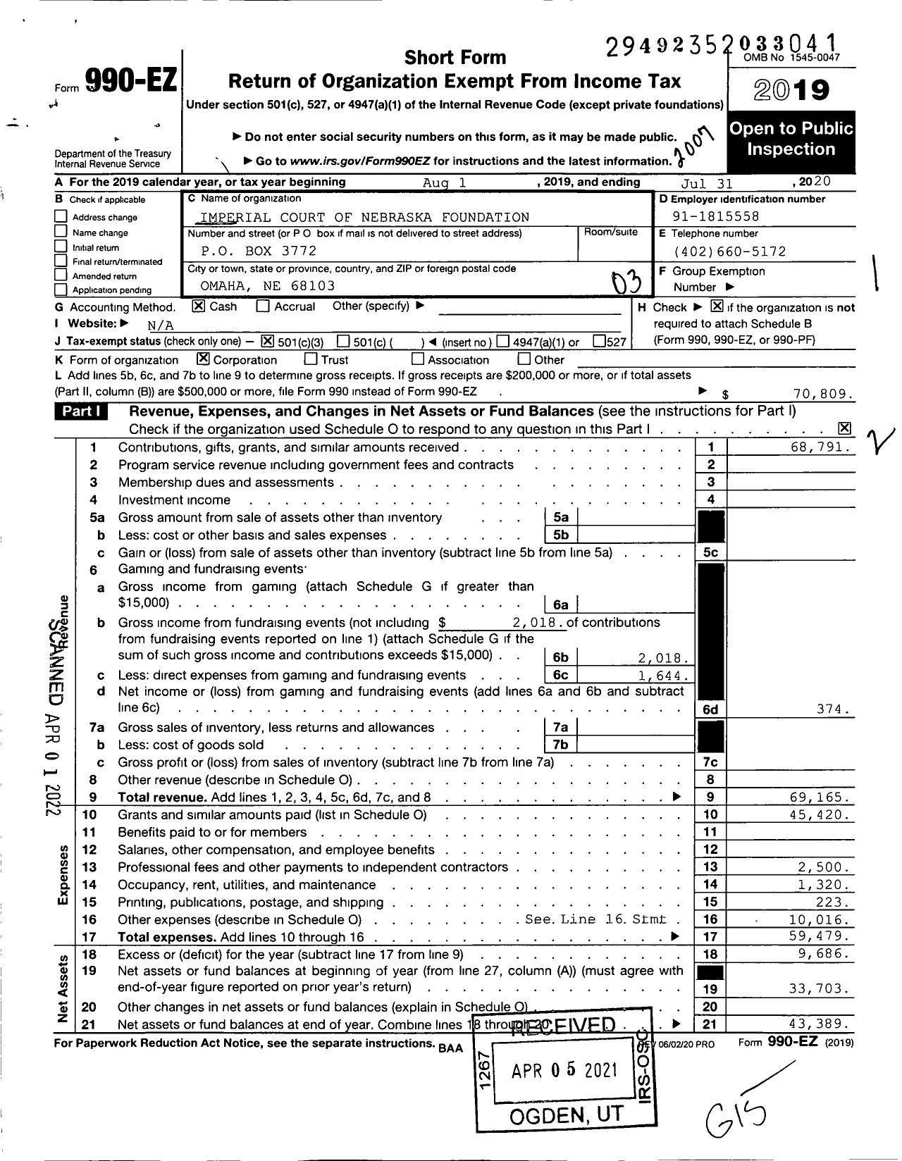 Image of first page of 2019 Form 990EZ for Imperial Court of Nebraska Foundation